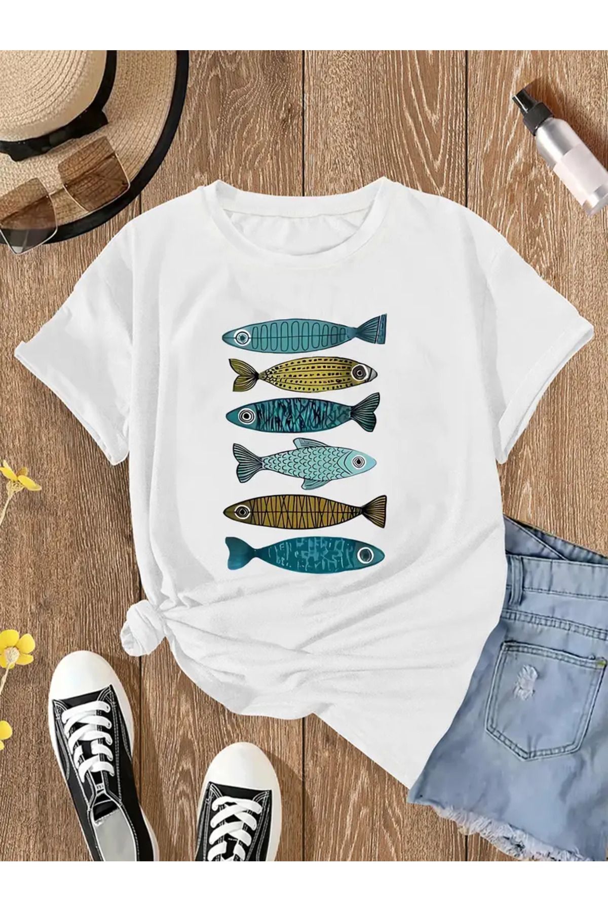 LEIVOR Balık Baskılı Kadın Haki yeşili T-shirt