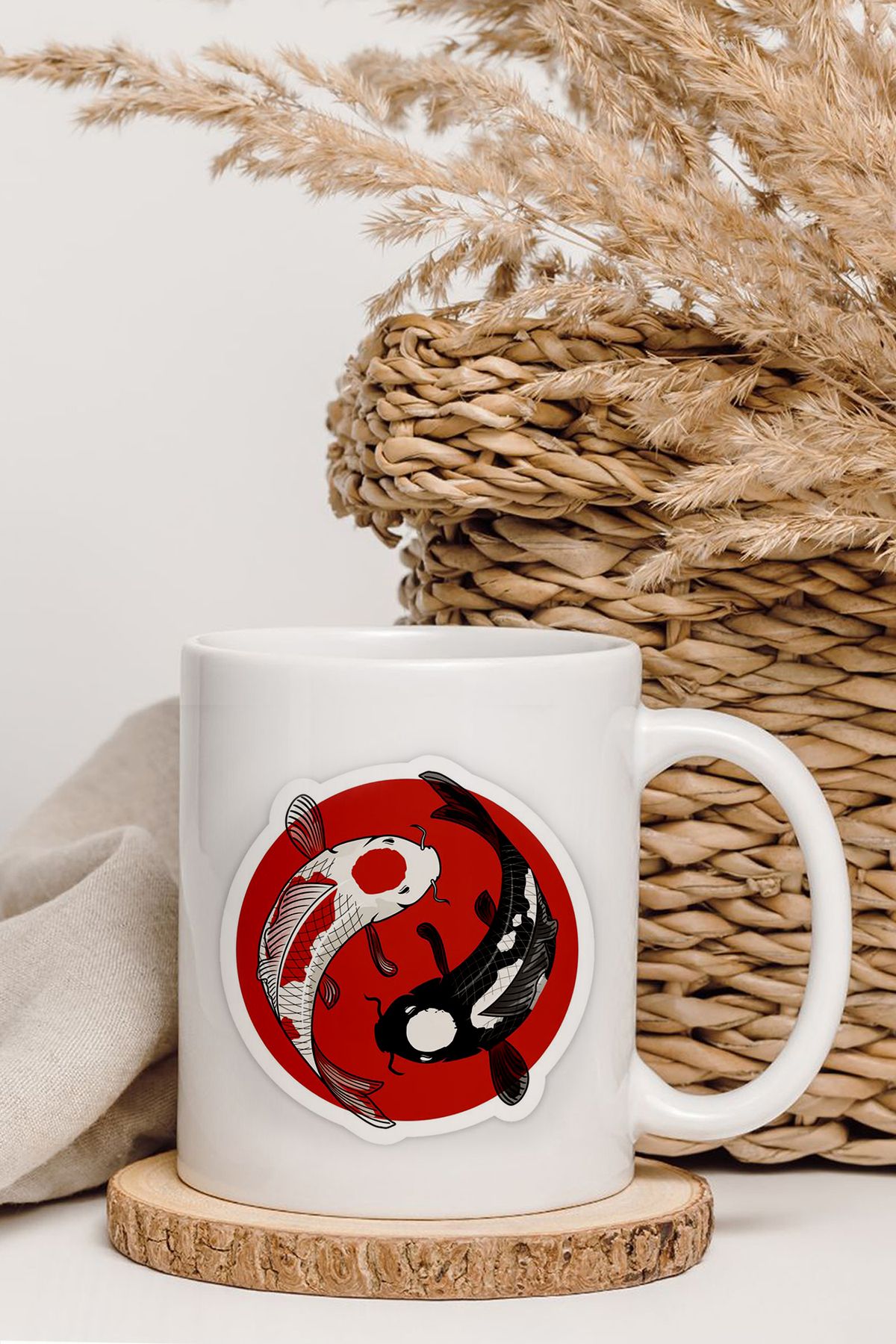 shop Yin & Yang Beyaz - Siyah Balık Kırmızı Baskılı Kupa