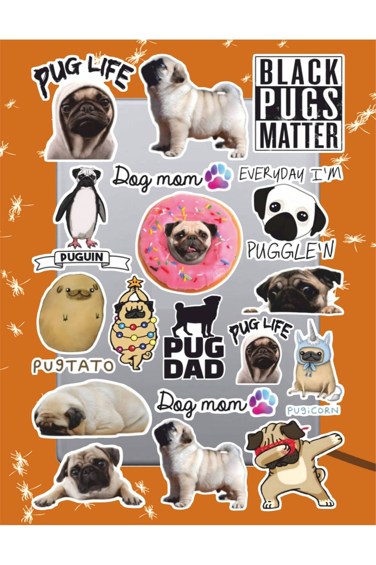 hediyenebak Pug Köpek Sticker Seti | Laptop Ajanda Pc Tablet Telefon Defter Etiket Bullet Journal
