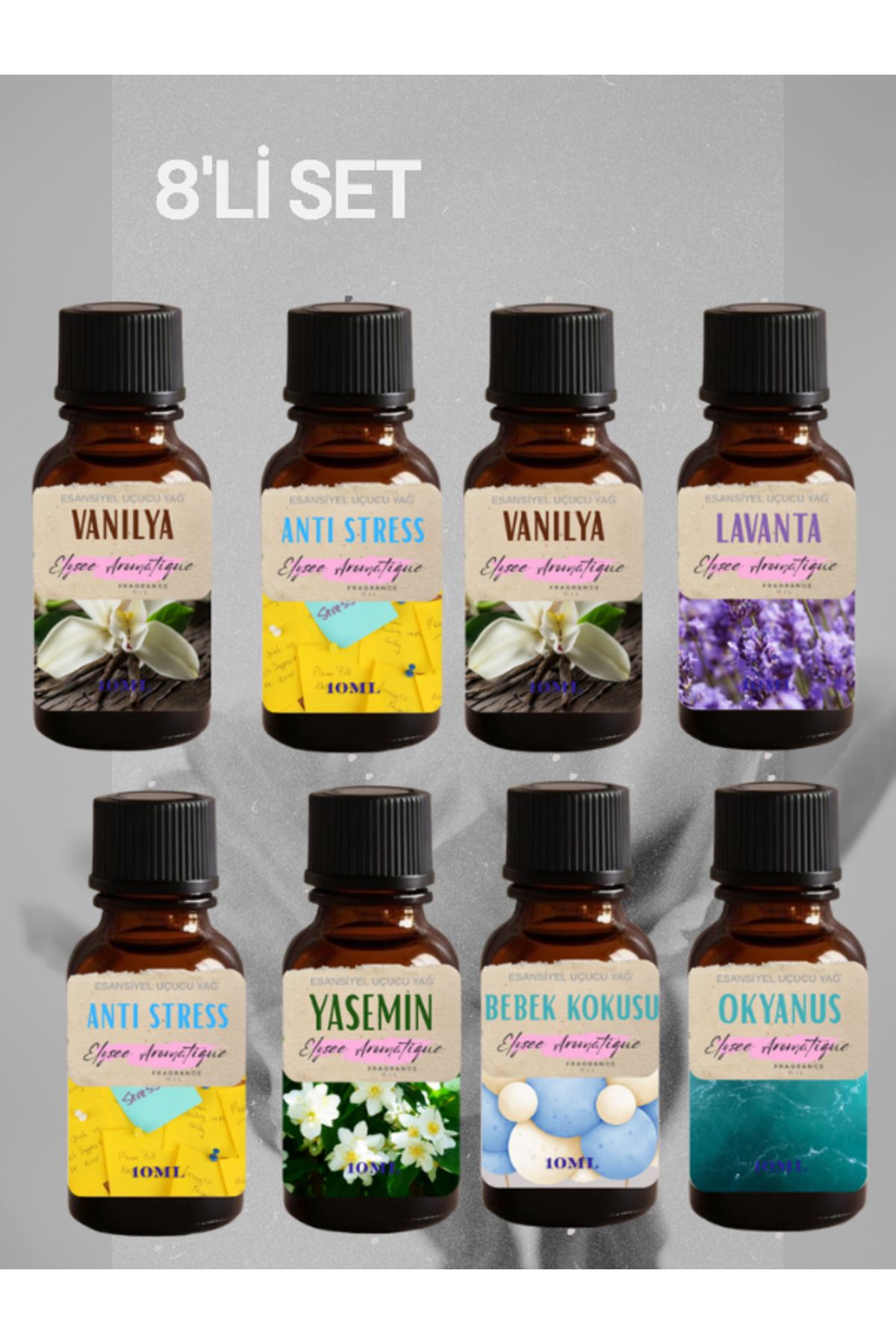 Elysee Aromatique 8'li Set Esansiyel Uçucu Koku Yağı Difüzör Esansı Buhurdanlık Yağı Aromaterapi Yağı