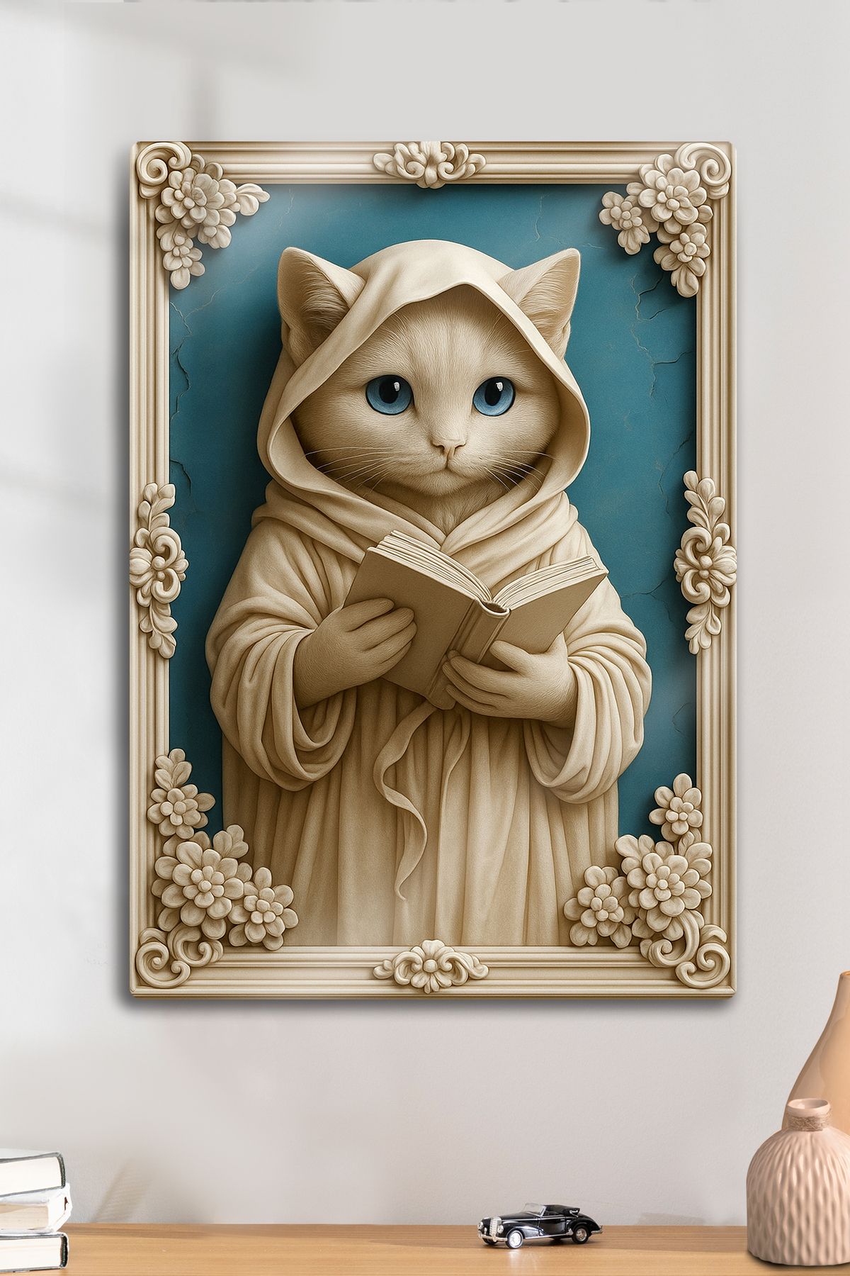 DekorHane 3D Kabartma Metal Baskı, Dekoratif Kedi Cat Tablo, Mermer Görünüm, Ev Ofis Dekorasyon
