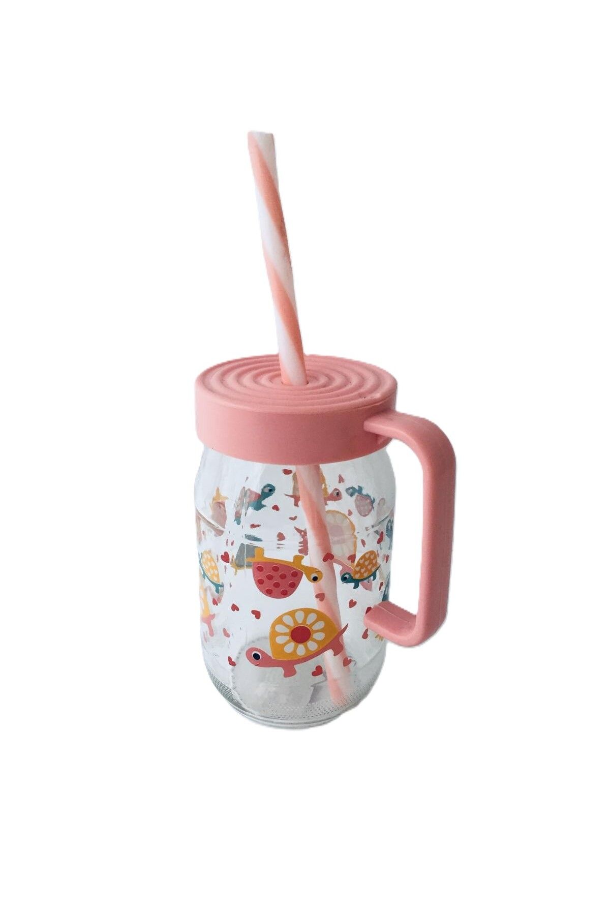 Herevin 370 Cc Kaplumbağa Desenli Pipetli Kulplu Cam Bardak / BPA Free