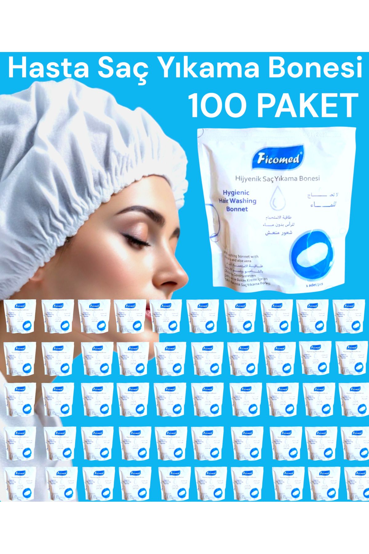 Ficomed Saç Yıkama Bonesi ( 100 PAKET ) Hasta Banyo Saç Yıkama Bonesi / Hasta Bakım