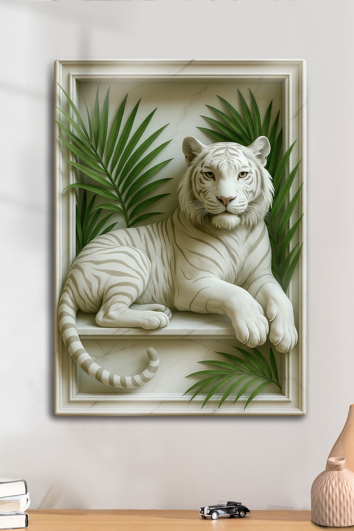 DekorHane 3D Kabartma Metal Baskı, Dekoratif Kaplan Tiger Tablo, Mermer Görünüm, Ev Ofis Dekorasyon