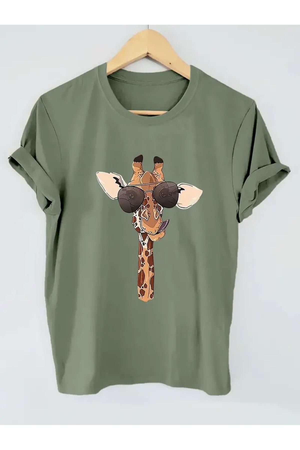 LEIVOR Zürafa Baskılı Kadın Haki yeşili T-shirt