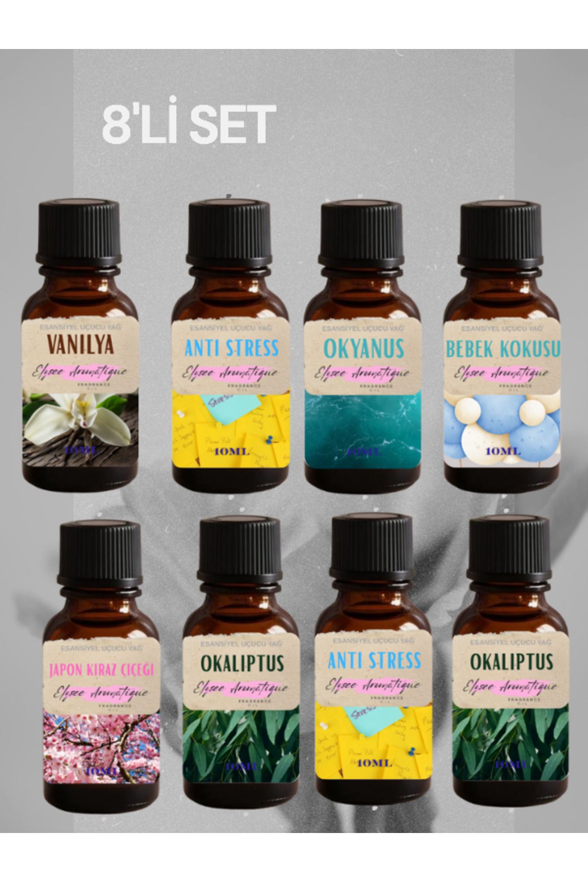 Elysee Aromatique 8'li Set Esansiyel Uçucu Koku Yağı Difüzör Esansı Buhurdanlık Yağı Aromaterapi Yağı
