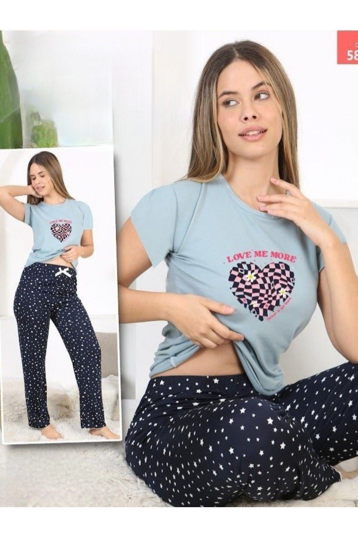 Modamorfo Yıldız Ve Kalp Desenli Kısa Kollu Pijama Takımı -Mint