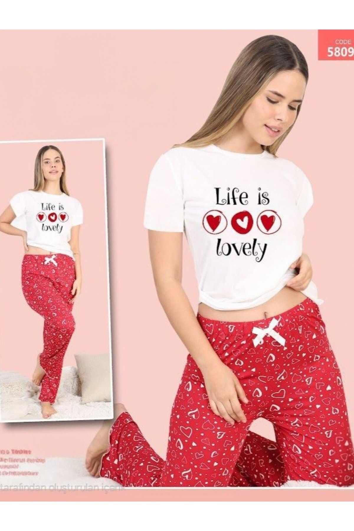 Modamorfo Kalp Desenli Kısa Kollu Pijama Takımı -Kırmızı