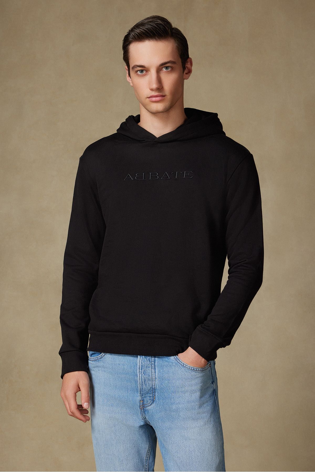 Abbate Özel Tasarım Nakış Detaylı Pamuklu Rahat Kesim Siyah Kapüşonlu Oversize Sweatshirt Hoodie