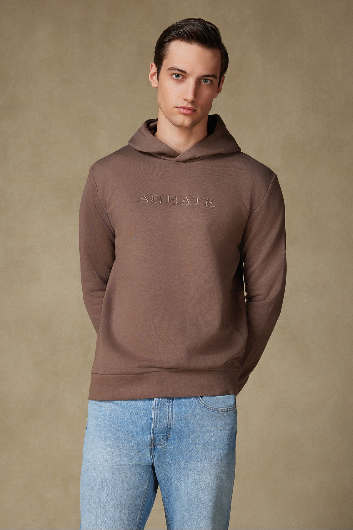 Abbate Özel Tasarım Nakış Detaylı Pamuklu Rahat Kesim Kahverengi Kapüşonlu Oversize Sweatshirt Hoodie