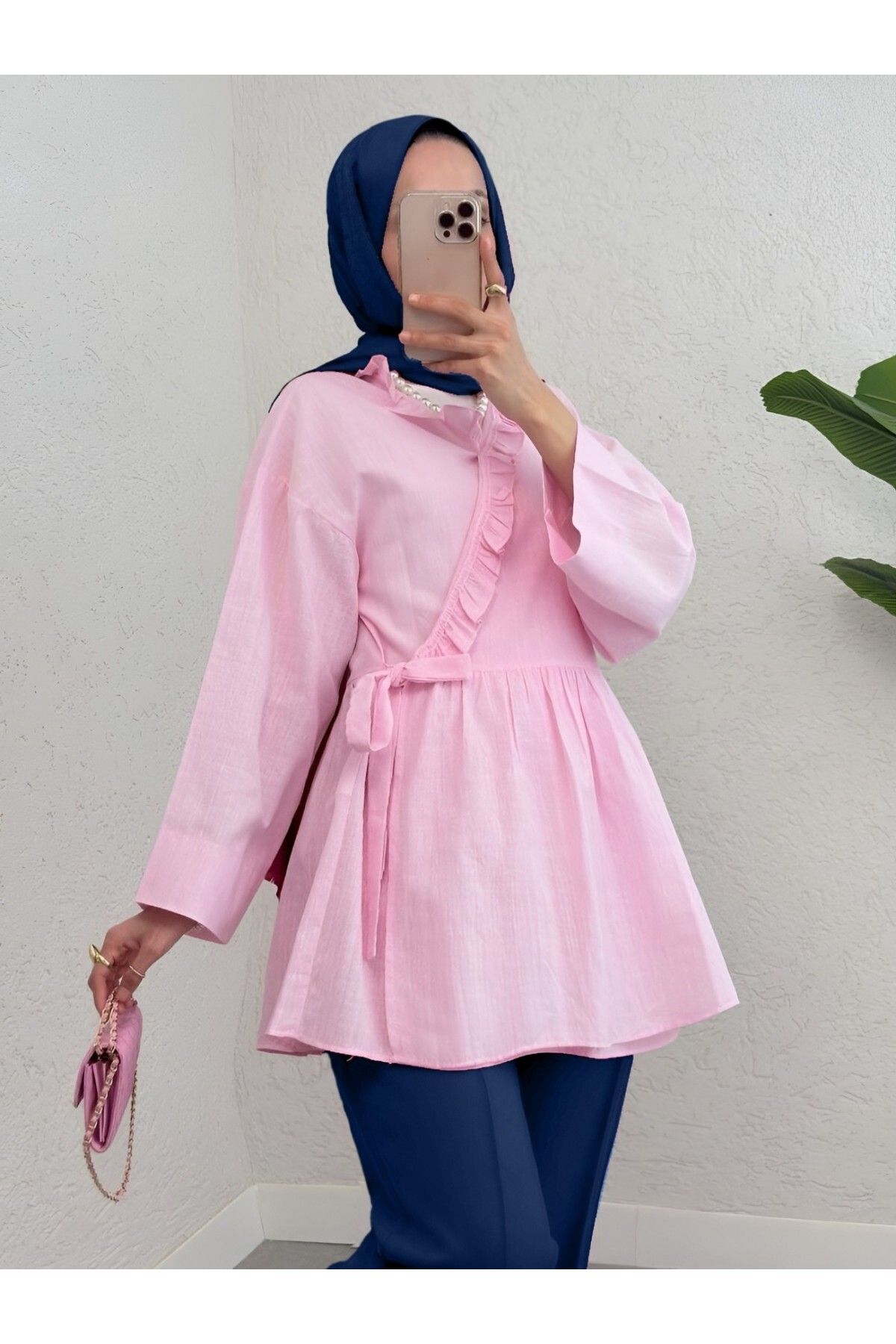 Modamorfo Yakası Fırfırlı Yandan Bağlamalı Keten Kimono -Pembe