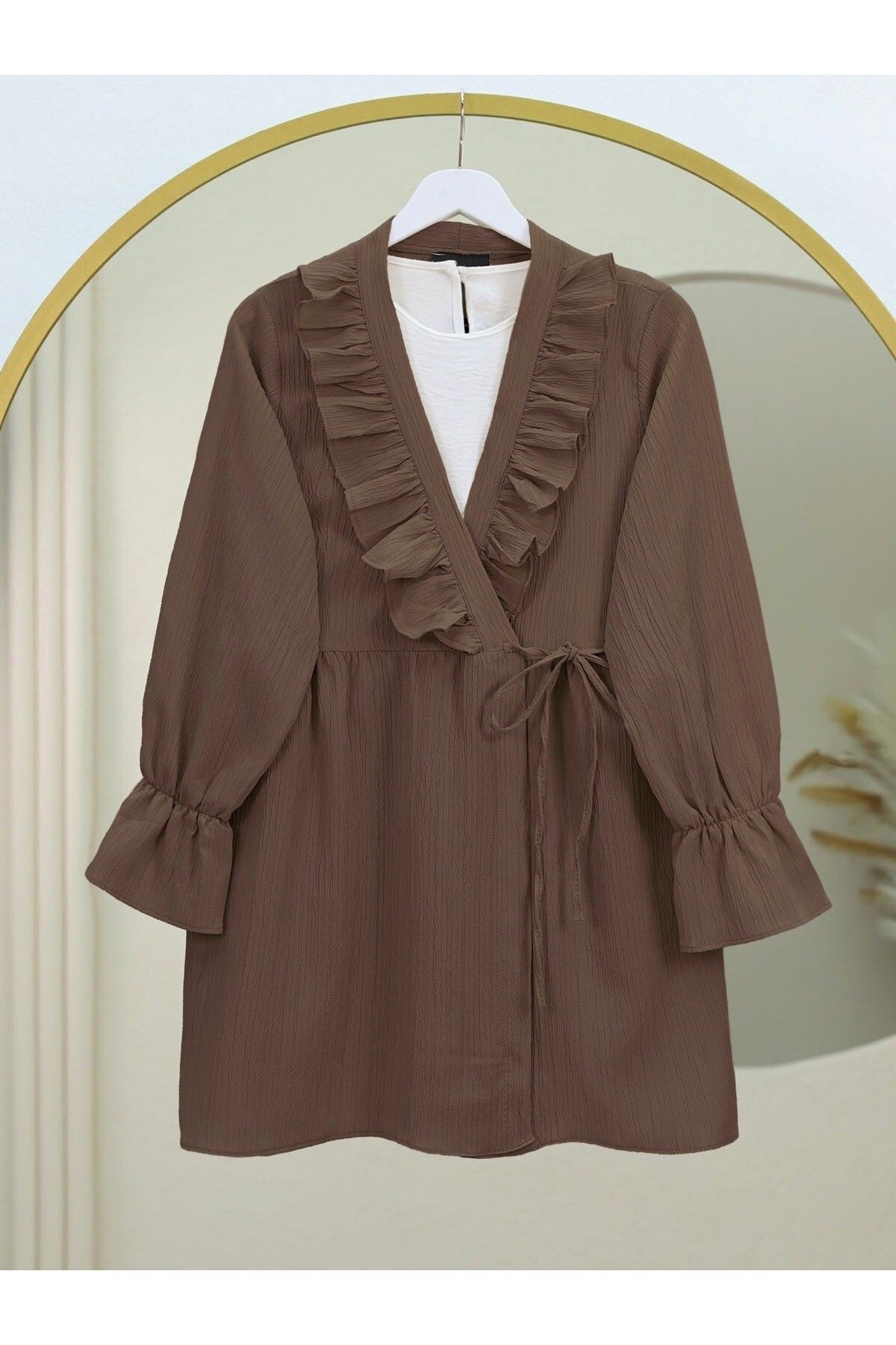 Modamorfo Önü Fırfırlı Bağlamalı Krinkıl Kimono -Kahve