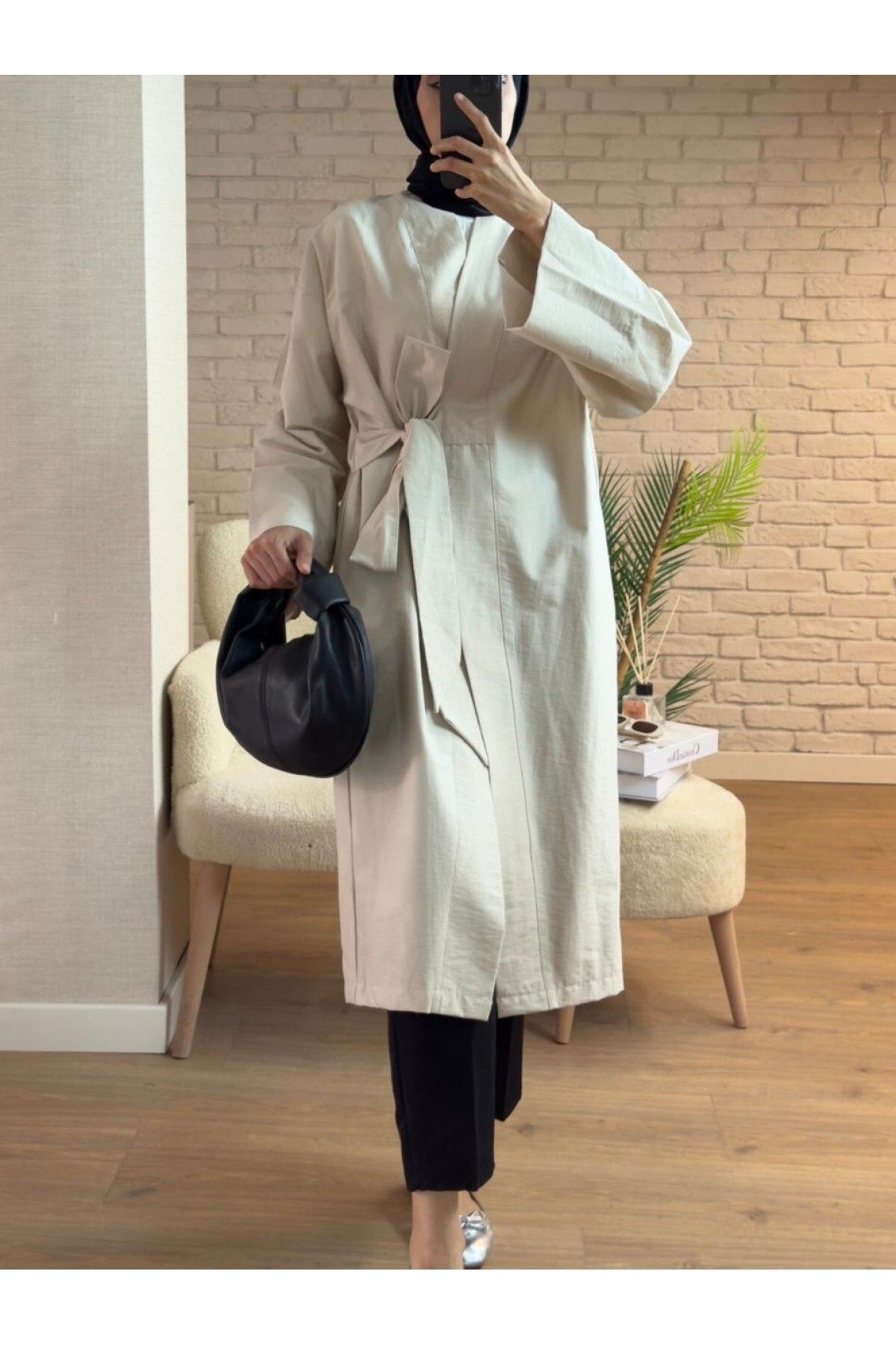 Modamorfo Yan Bağcıklı Cepli Uzun Kimono -Bej
