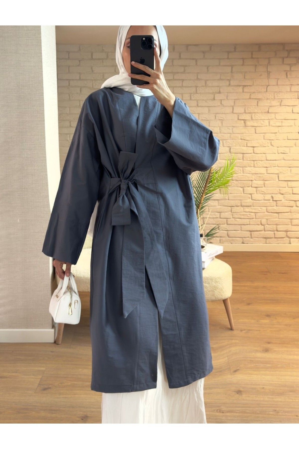 Modamorfo Yan Bağcıklı Cepli Uzun Kimono -Füme