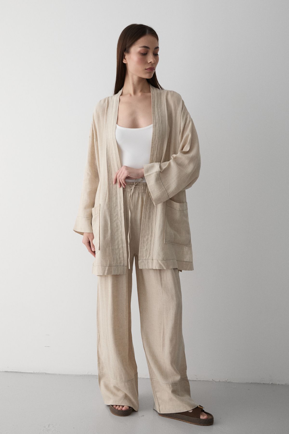 Laluvia Natural %100 Pamuk Cep Detaylı Kuşaklı Kimono Takım - 8491