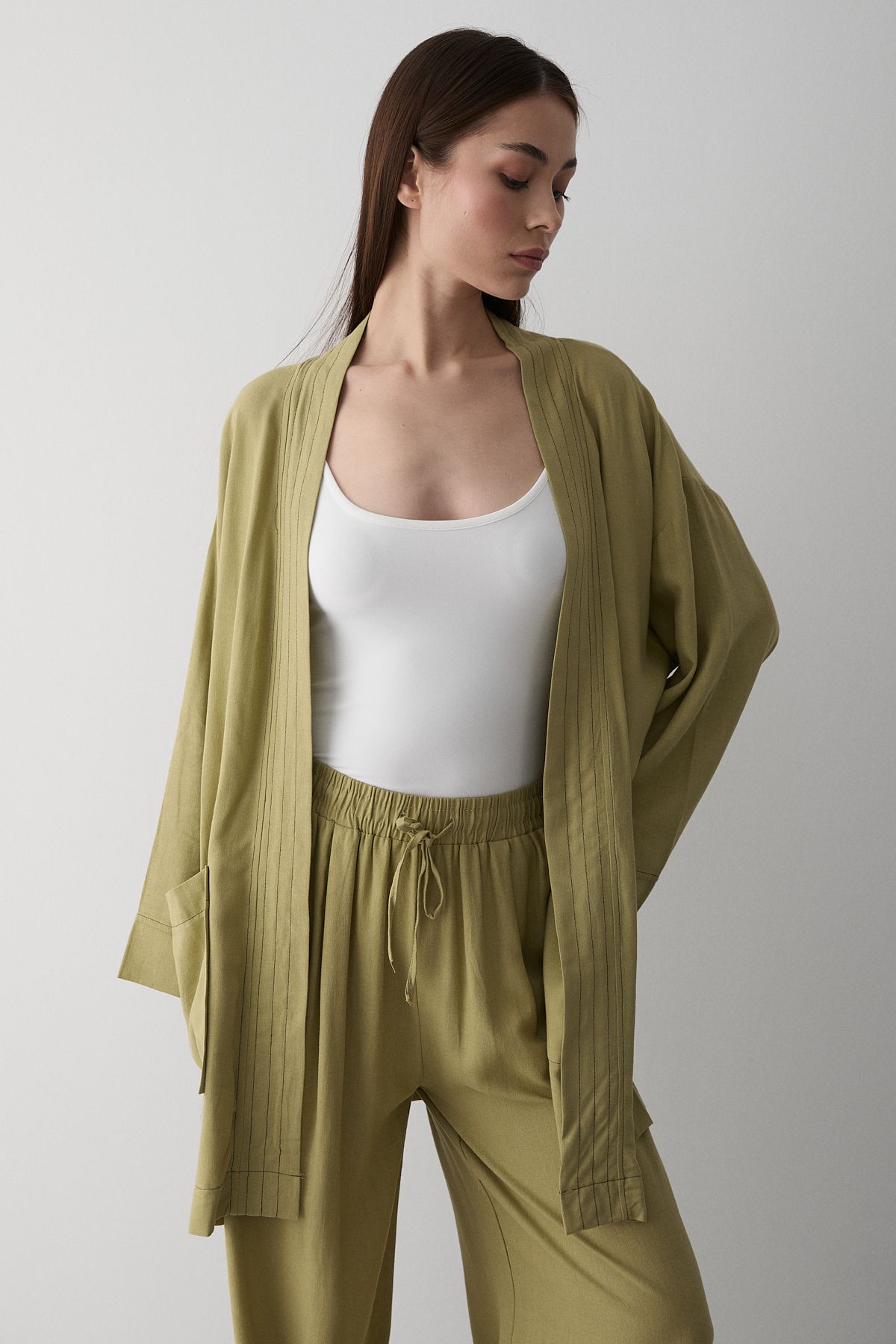 Laluvia Haki %100 Pamuk Cep Detaylı Kuşaklı Kimono Takım - 8491