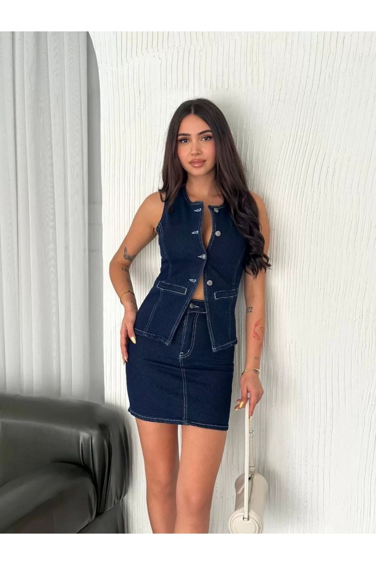 LUSHİOWEAR Kot Jeans Etekli ikili Takım - Lacivert