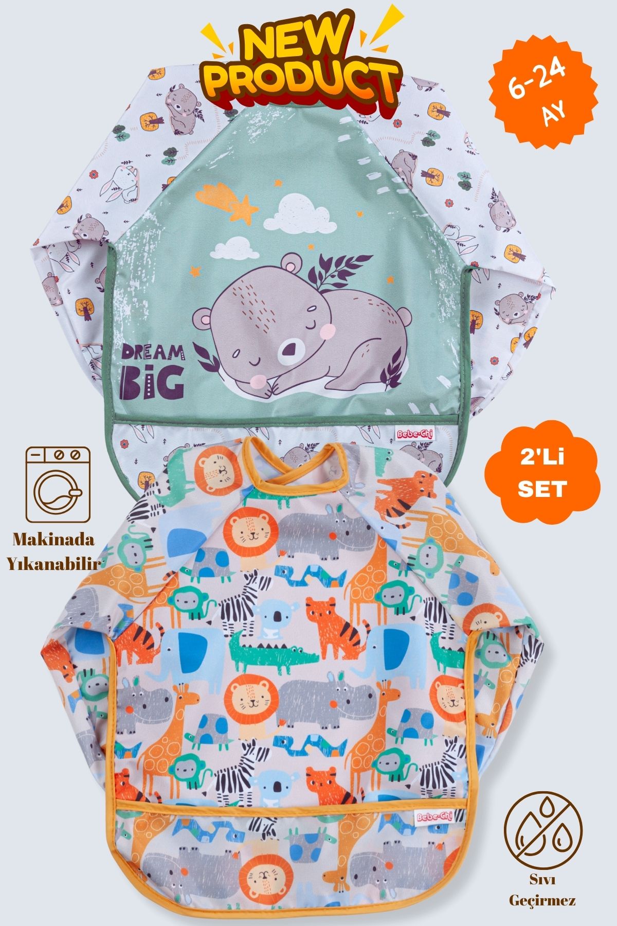 Bebechi Uzun Kollu Giyilebilir Sevimli Hayvanlar-Ayı Desen Sıvı Geçirmez Aktivite ve Mama Önlüğü 6-24 AY