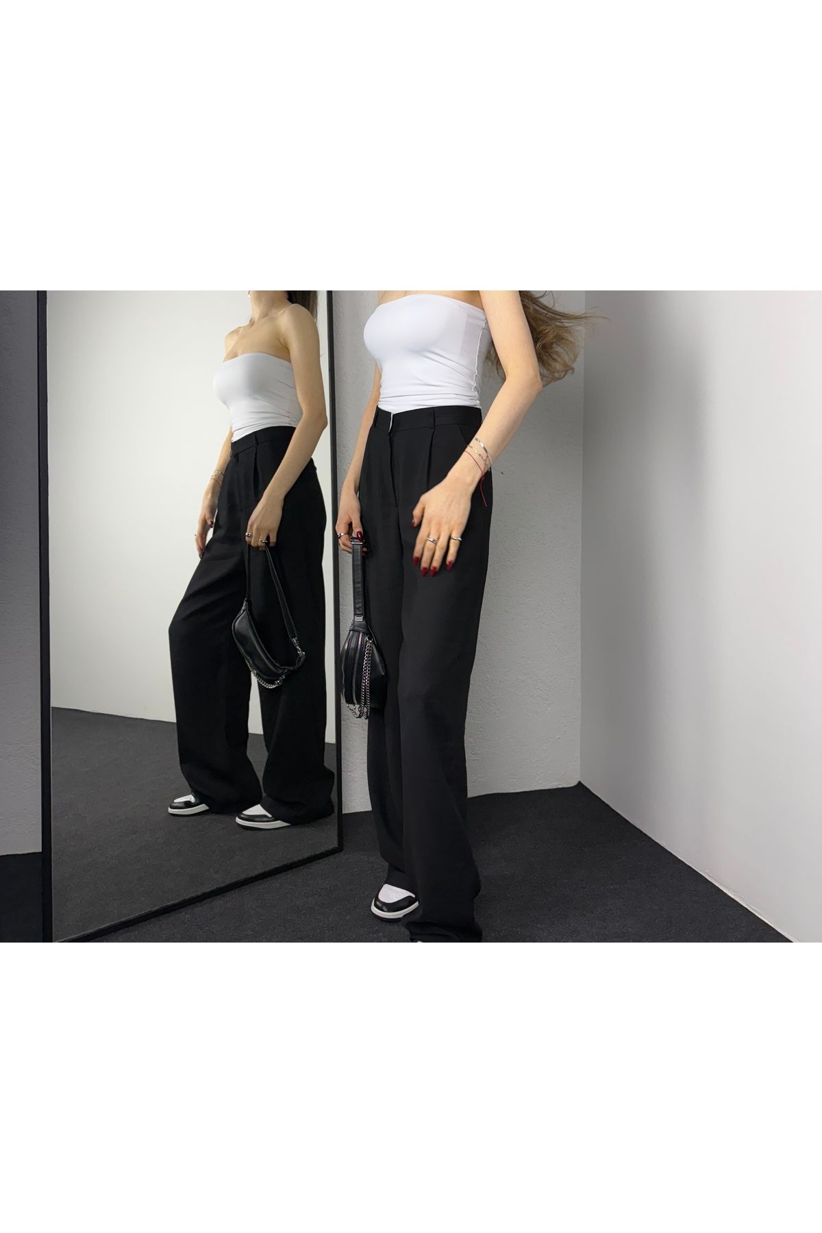 hece butik Yüksek bel bol paça siyah pantolon