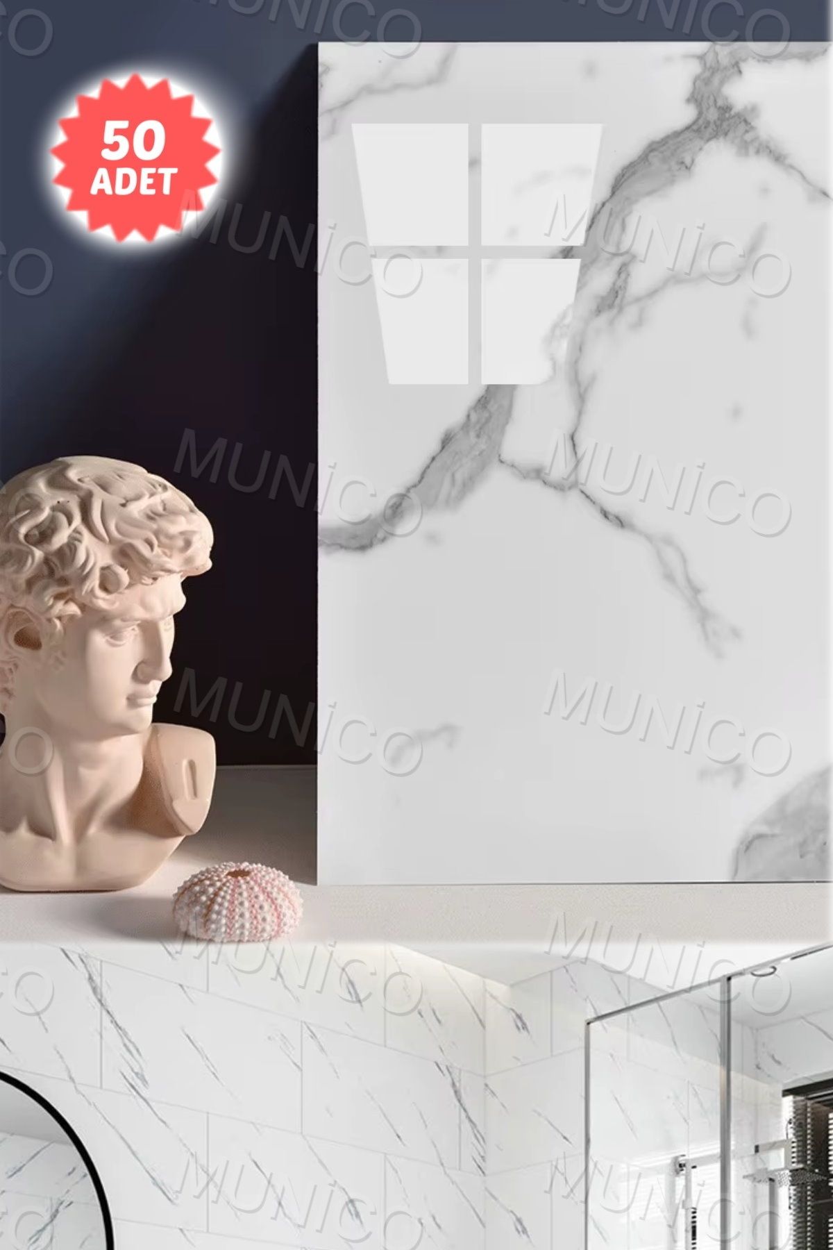 Munico 50 Pc Beyaz Mermer 30x30 Plastik Panel Duvar Kendinden Yapışkanlı Fayans Duvar Dekorasyonu