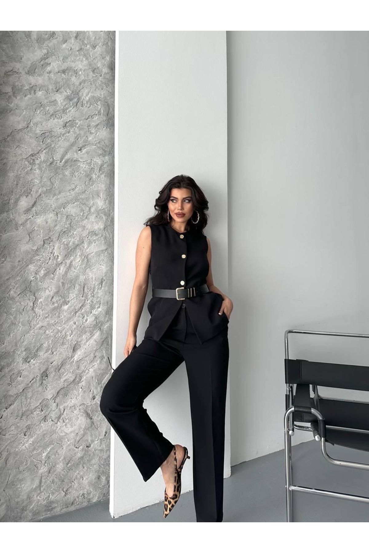 Ekim Store Kemerli Bağlamalı Ikili Blazer Yelekli Pantolon Takım
