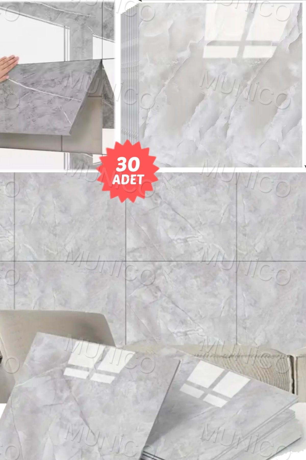 Munico 30 x 30 Cm Kolay Montajlı 30 Adet Gri Banyo Su Nem Geçirmez Duvar Kağıdı Yenileme Fayans Plastik