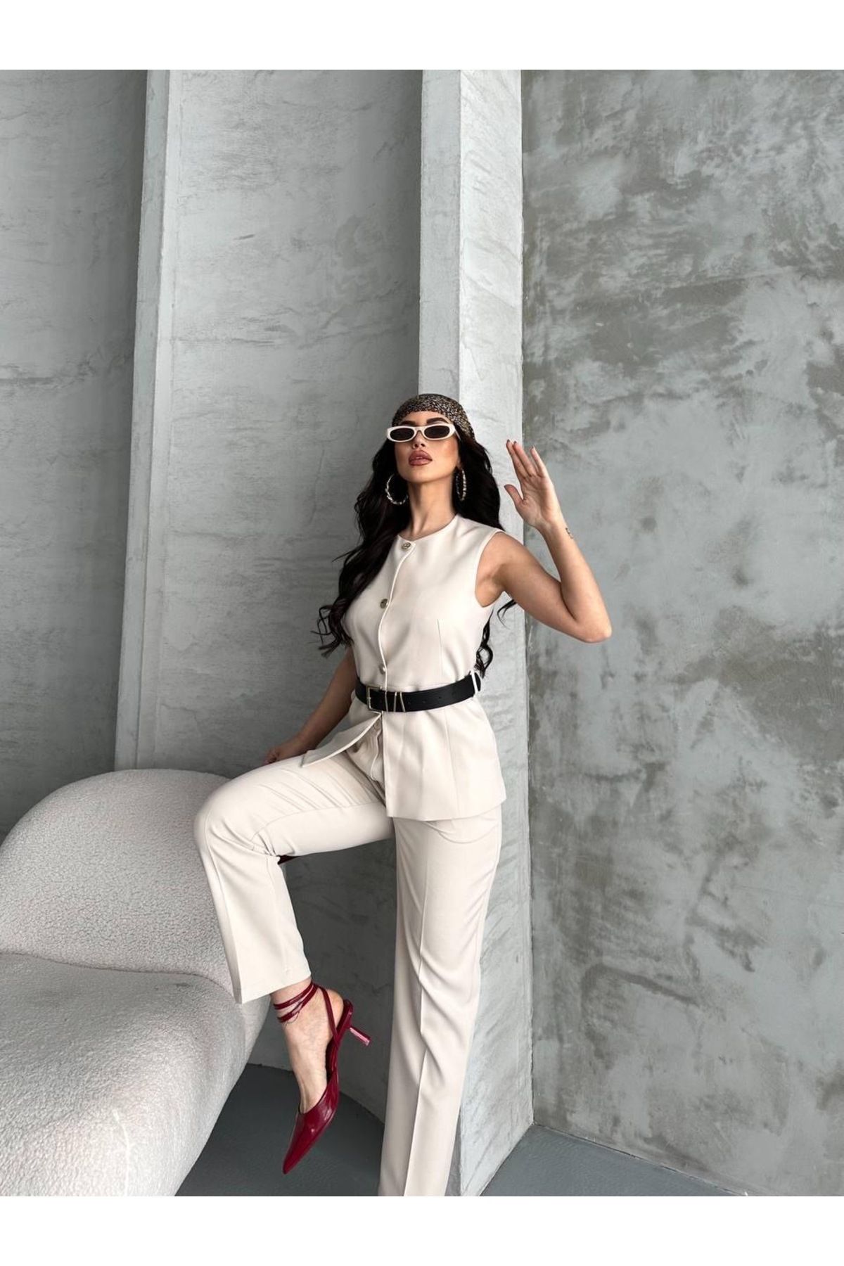 Ekim Store Kemerli Bağlamalı Ikili Blazer Yelekli Pantolon Takım