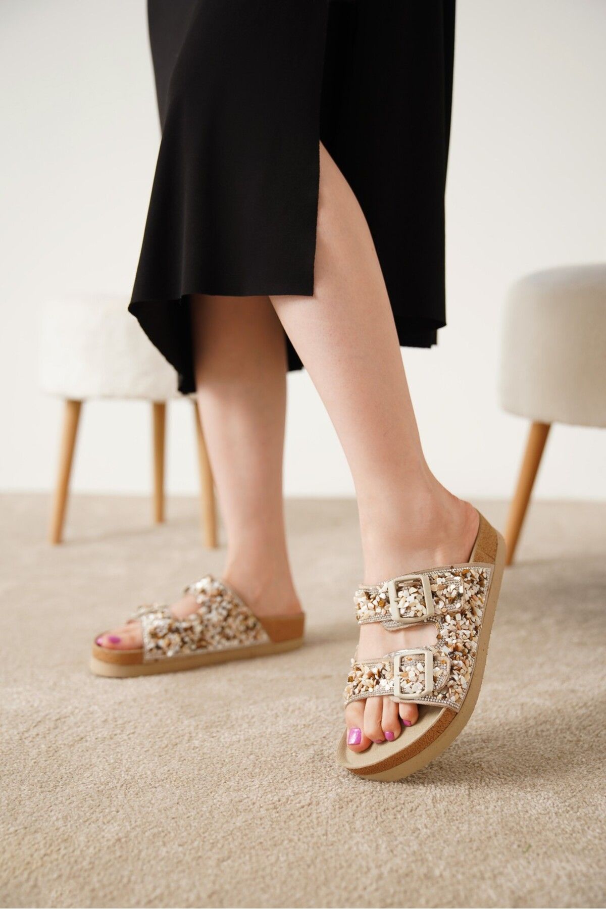 luuq shoes SONİA Doğal Taşlı Çift Tokalı Kadın Ortopedik Terlik