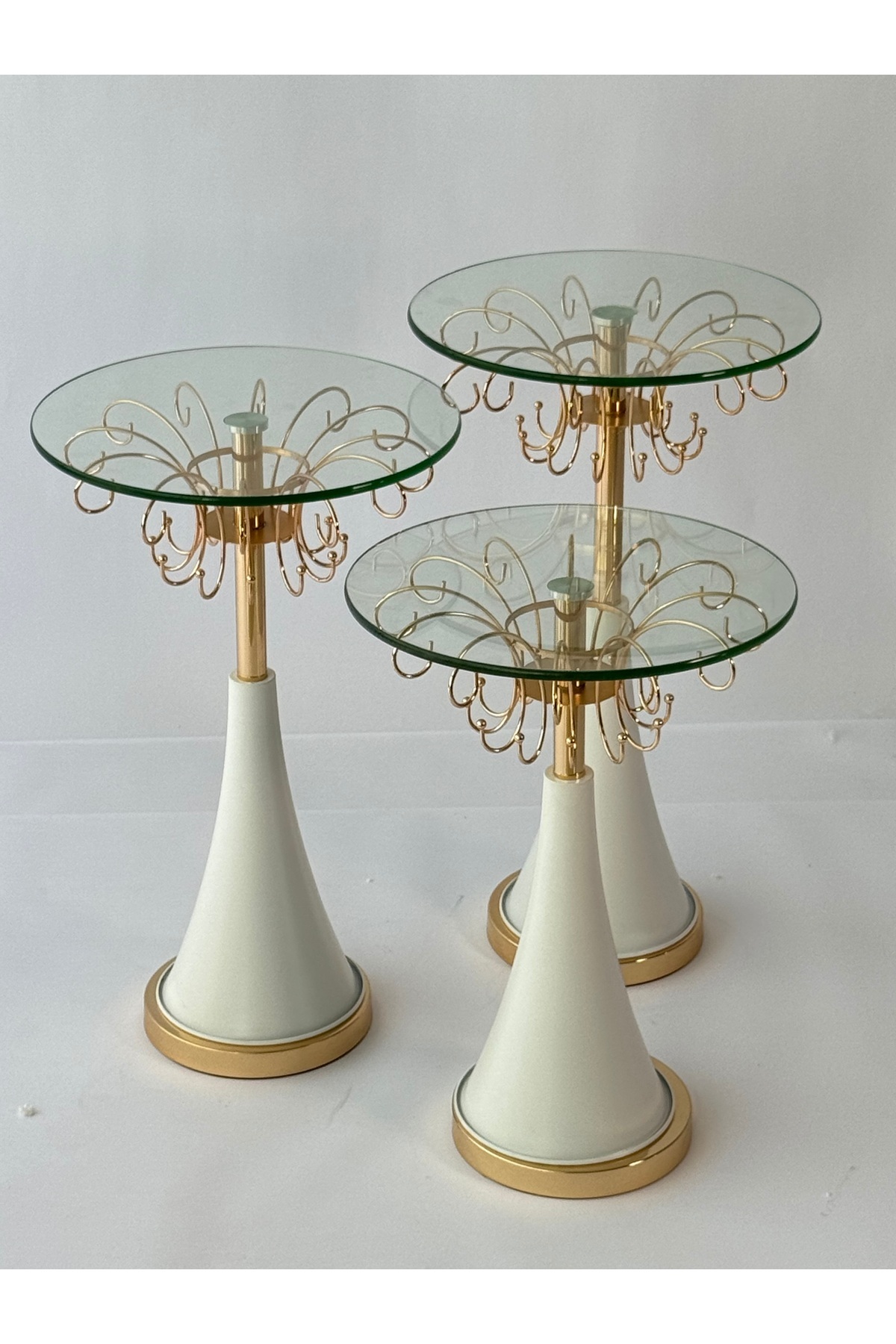 Living-A Set Of 3-piece Glass Service Tables With A White Steel Base 4