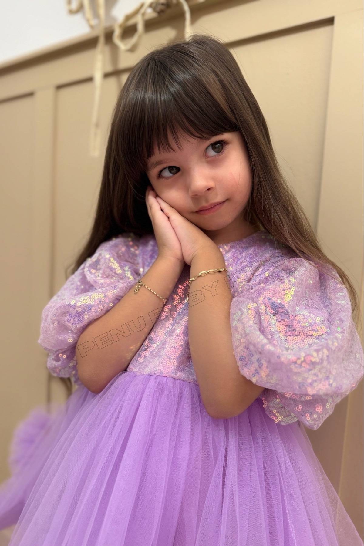 penu baby kids Lila Payet Detaylı Etek Ucu Fırfırlı Kız Çocuk Kız Bebek Abiye Elbise fotoğrafı 3 (önizleme)