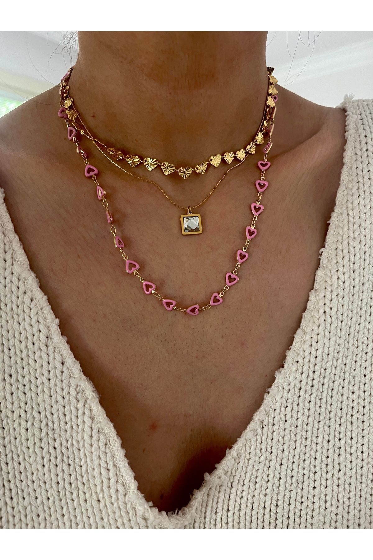 Hoop jewelery PEMBE MİNELİ KALP KOLYE