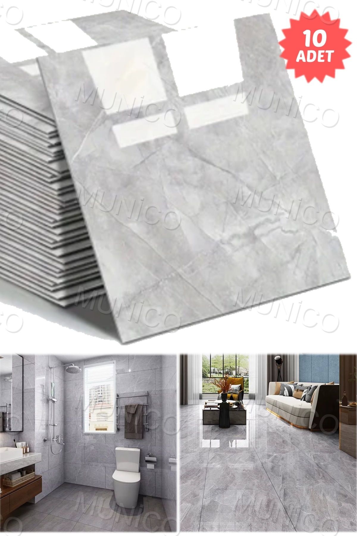 Munico 10PC 30x30 Cm Kendinden Yapışkanlı Gri 3D Şık Fayans Duvar Yapıştırma Duvar Kağıdı Dekorasyon