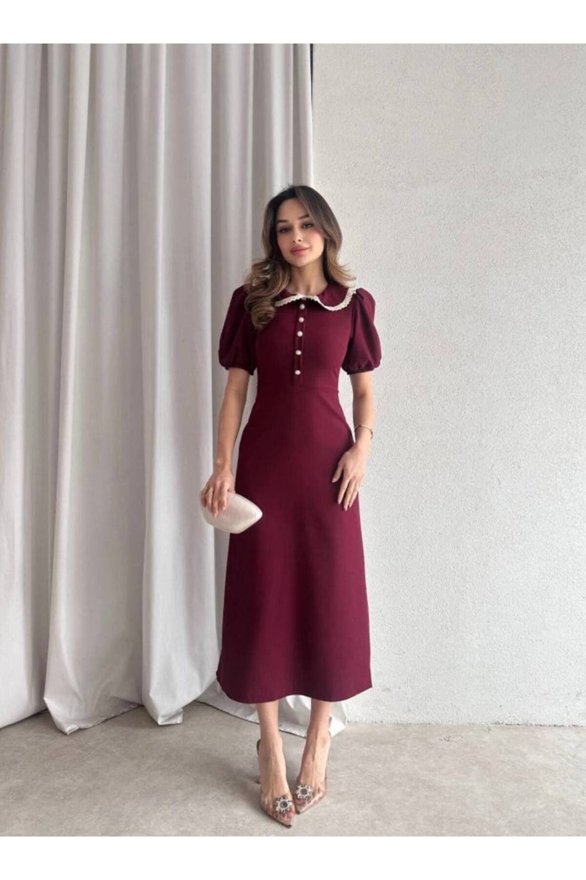 Ahzem Collection Dantel Bebe Yaka Midi Boy Elbise