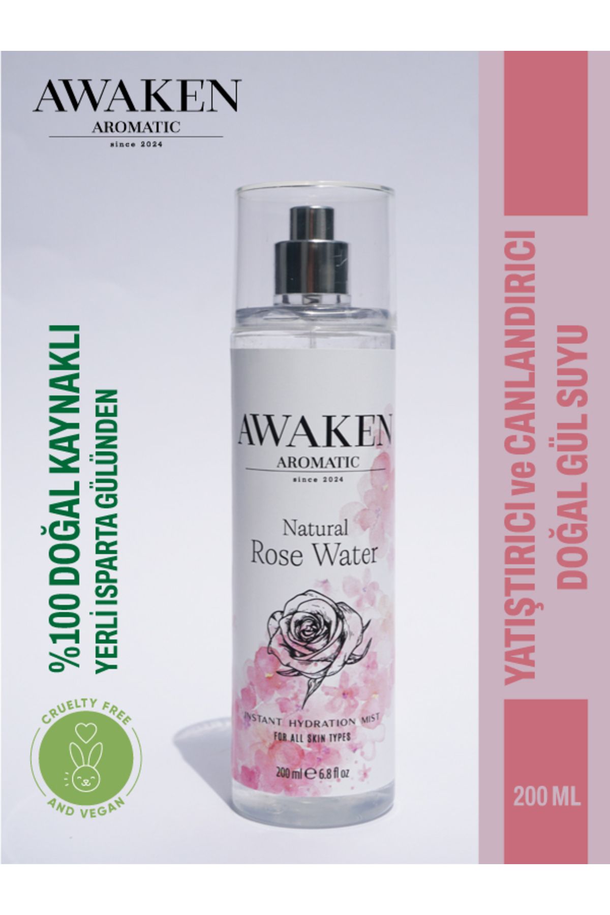 AWAKEN AROMATIC since 2024 % 100 Doğal Gül Suyu, 200 ML