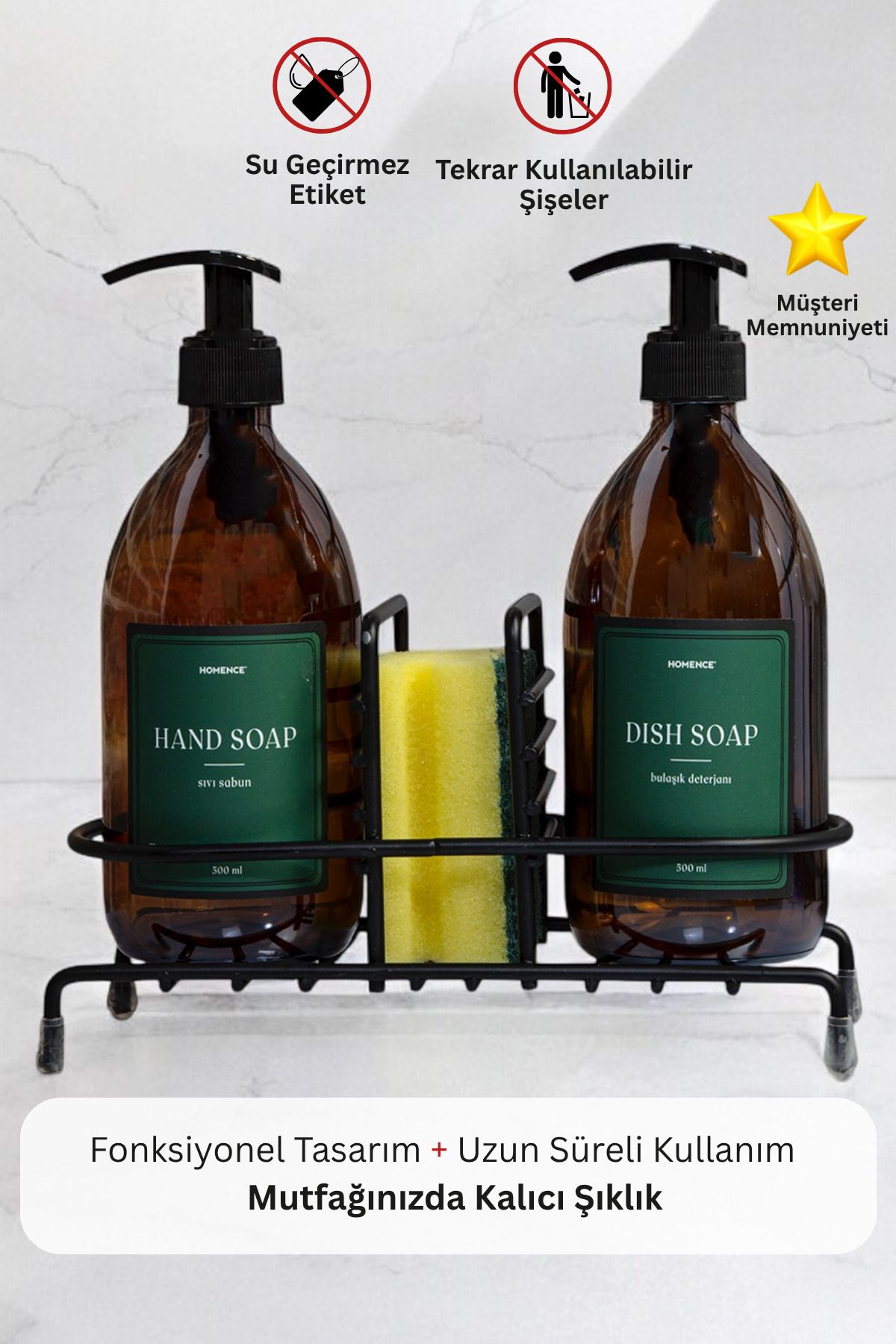 homence Tel Standlı Sıvı Sabun Bulaşık Deterjanı Yeşil Etiketli Amber Cam Sabunluk - 500 ml