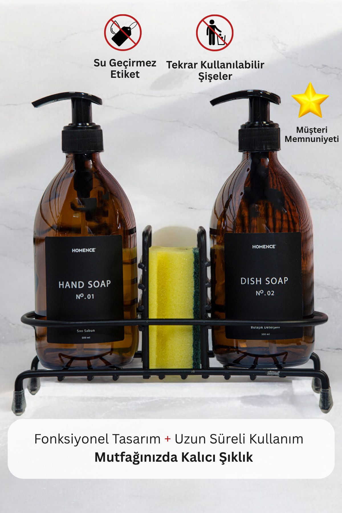 homence Tel Standlı Sıvı Sabun Bulaşık Deterjanı Siyah Etiketli Amber Cam Sabunluk - 500 ml