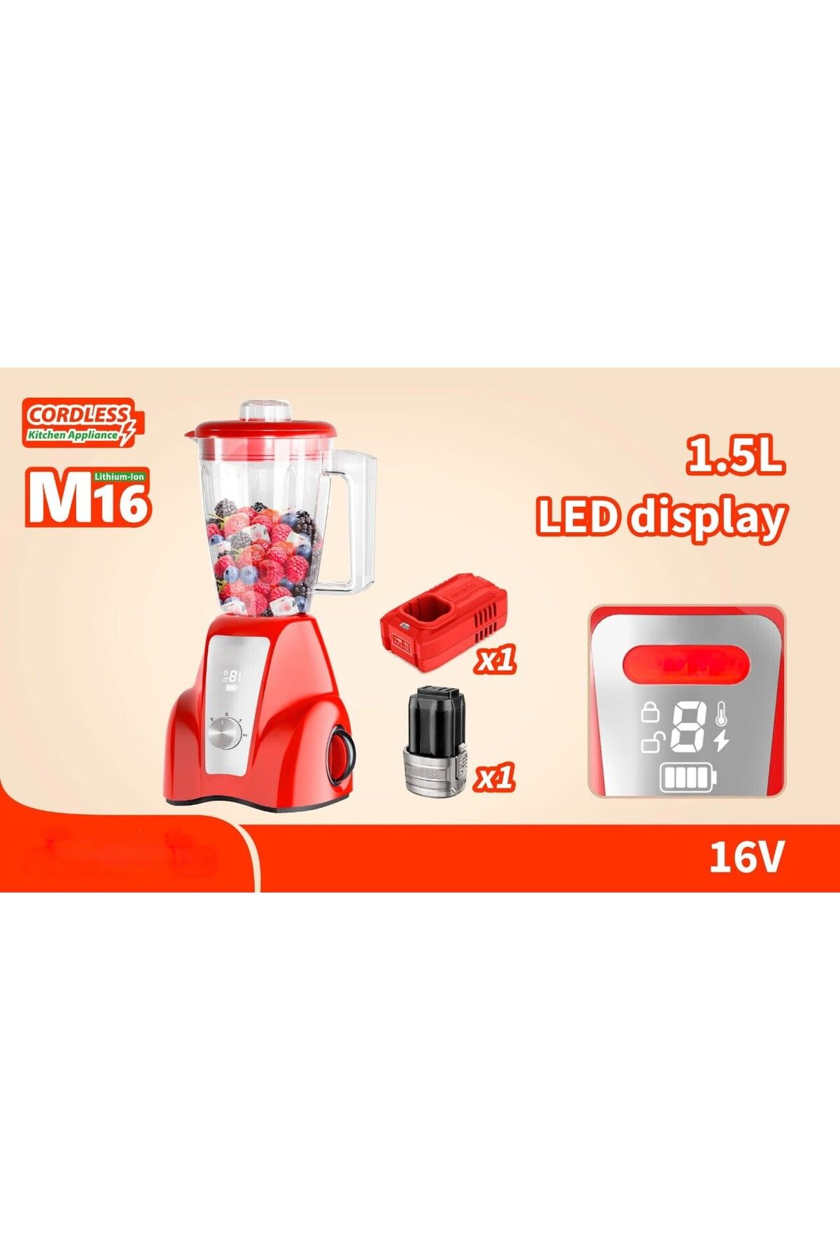 Generic-Cordless Blender Juicer 1.5L, 300W, 2000mAh, 2-Speed, Portable Smoothie Maker, Red 2