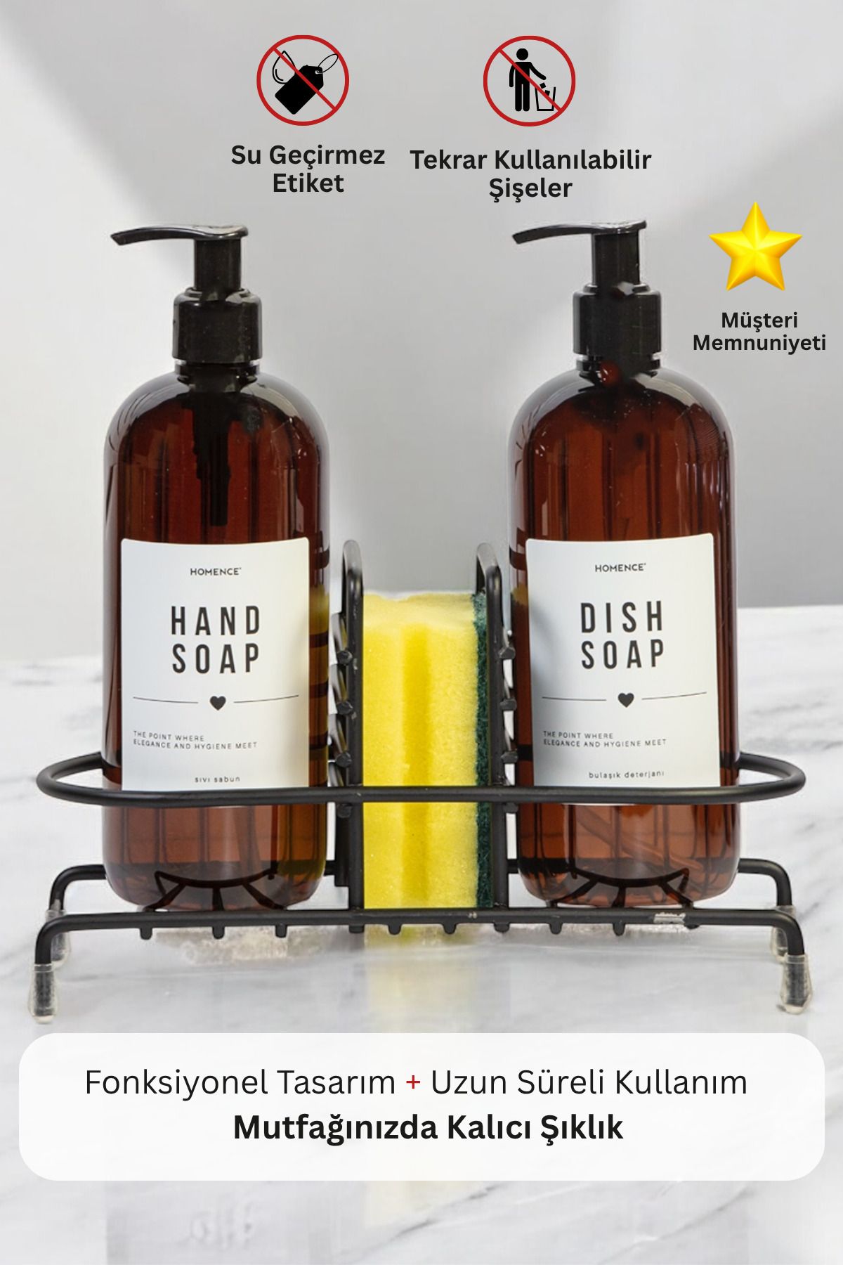 homence Tel Standlı Sıvı Sabun Bulaşık Sabunu Etiketli Amber Plastik Sabunluk - 500 ml