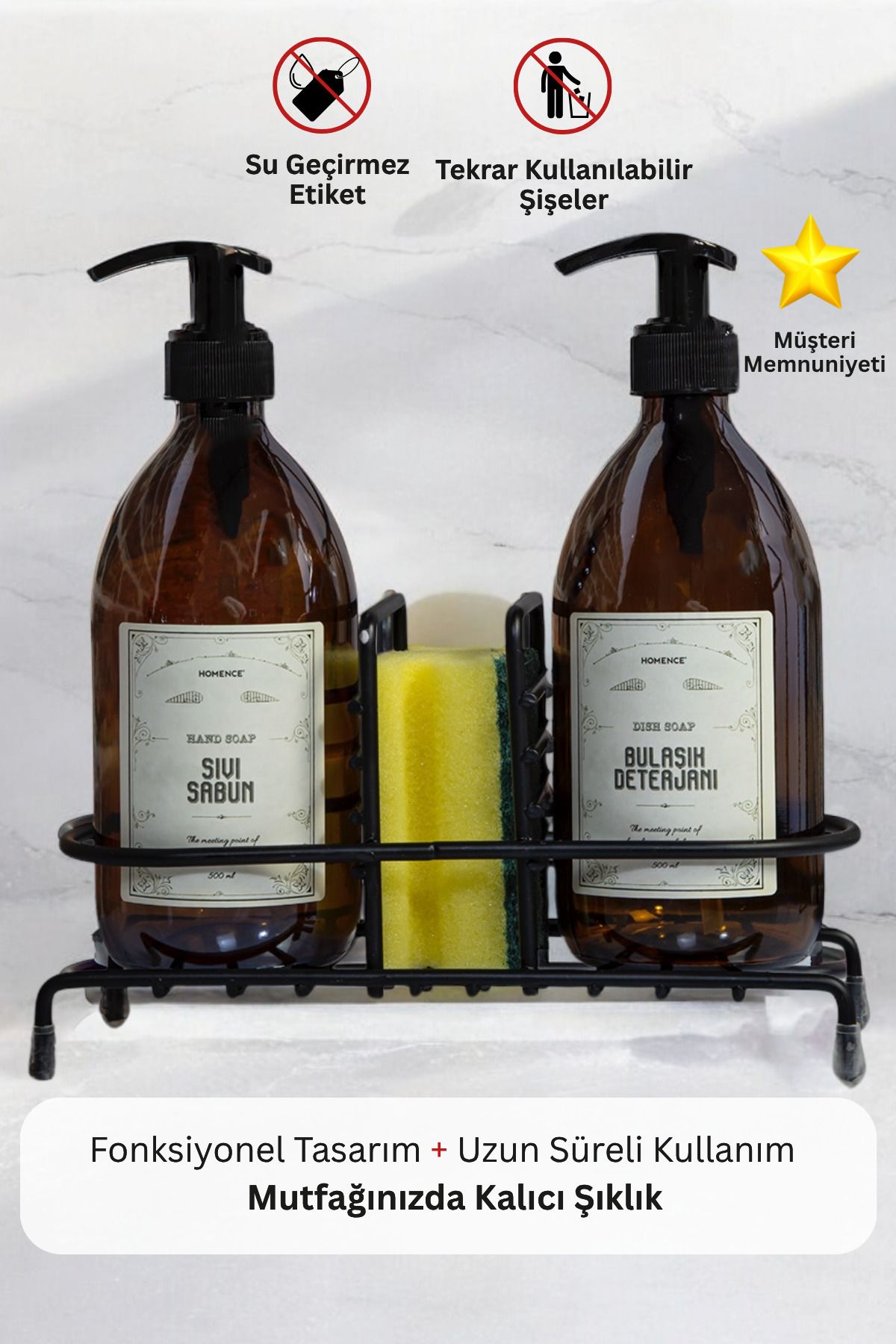 homence Tel Standlı Sıvı Sabun Bulaşık Deterjanı Vintage Etiketli Amber Cam Sabunluk - 500 ml