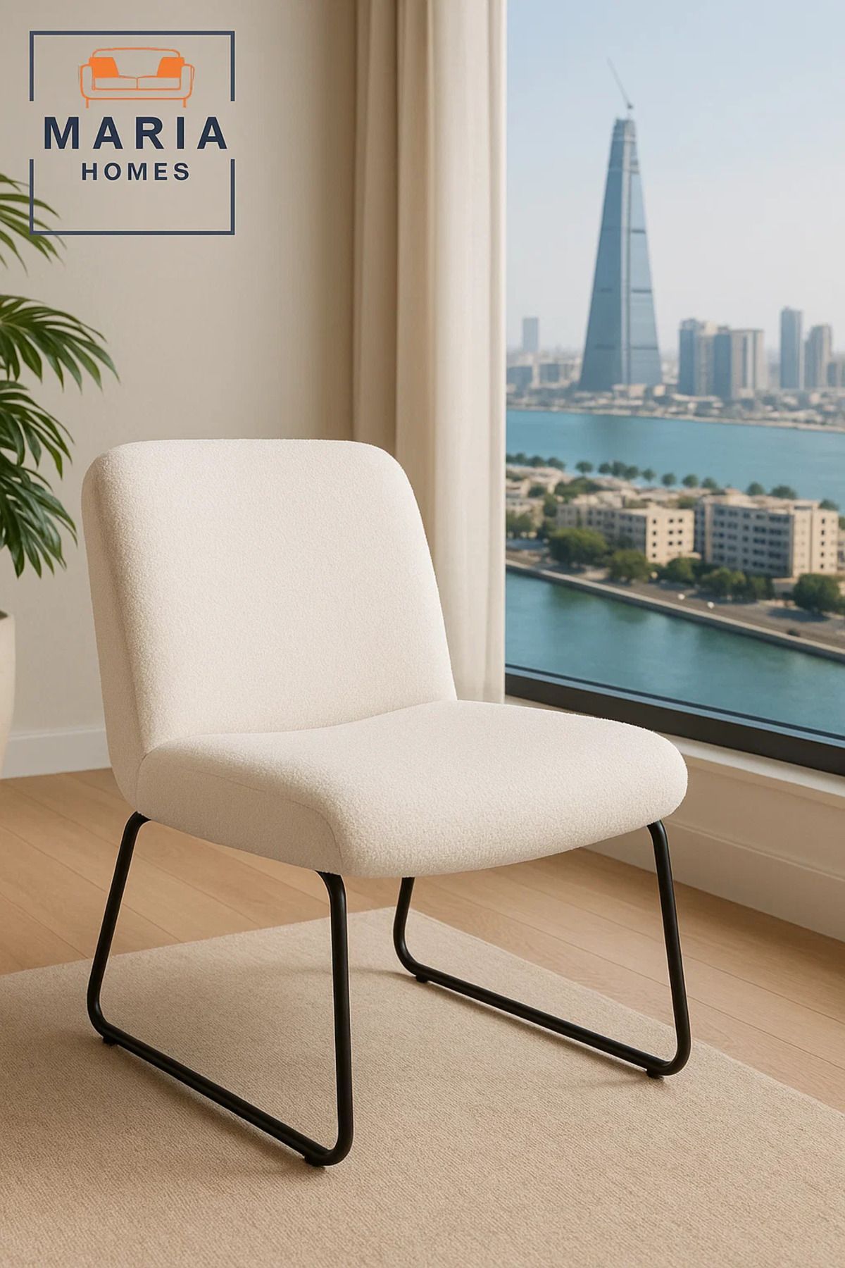 MARIA HOMES-Contemporary White Bouclé Armless Lounge Chair – Cozy Minimalist Accent Seating with Metal Legs 2