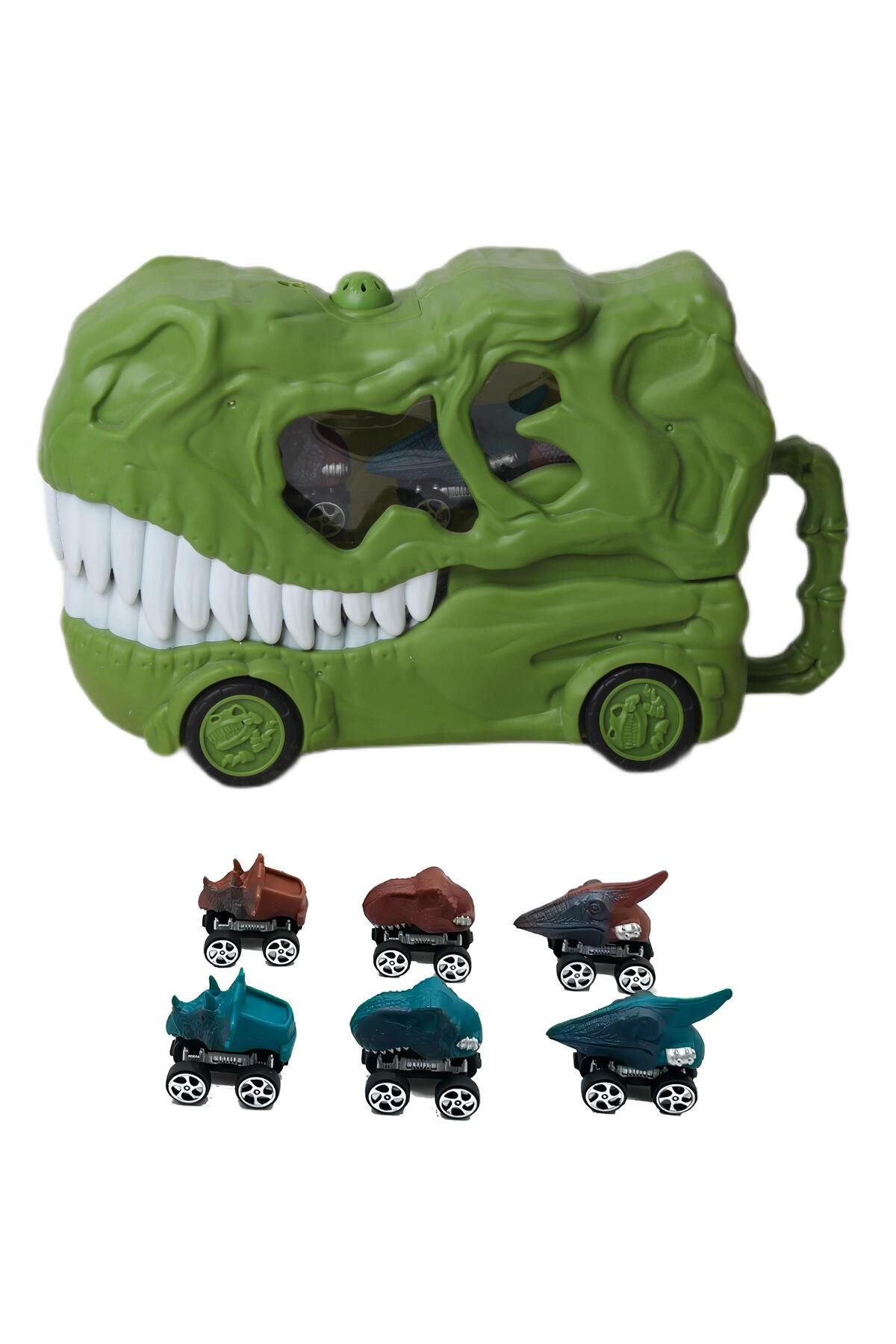 e-life shop Dinosaur Tracks T-Rex Dinozor Kafalı Işıklı Kükreme Sesli Kamyon & 6'li Dinozor Oyuncak Araba Seti 2