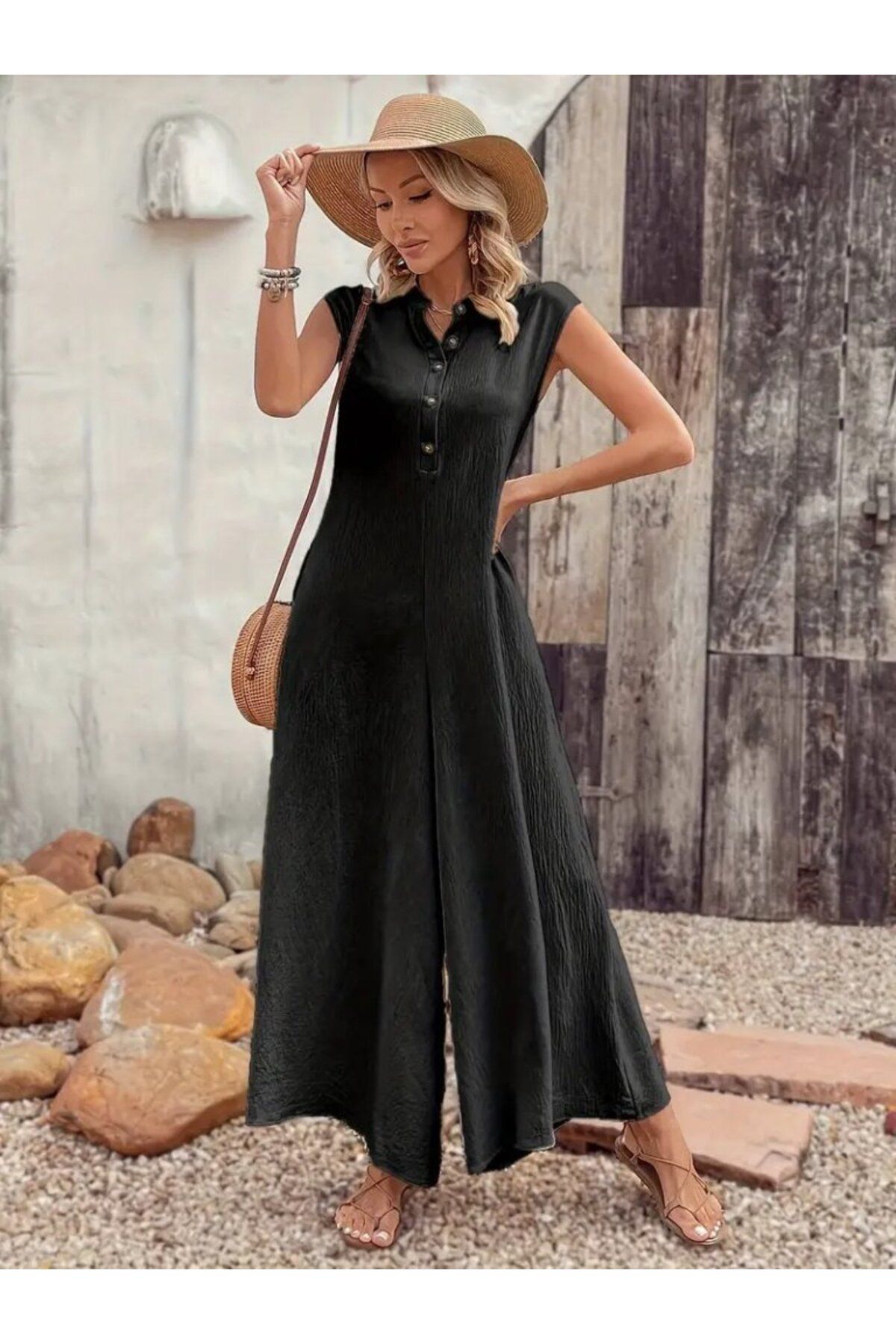 jupiter global bazaar Kadın Kısa Kollu önden Düğmeli Paçaya Doğru Geniş Cepli Uzun Bürümcük Tulum