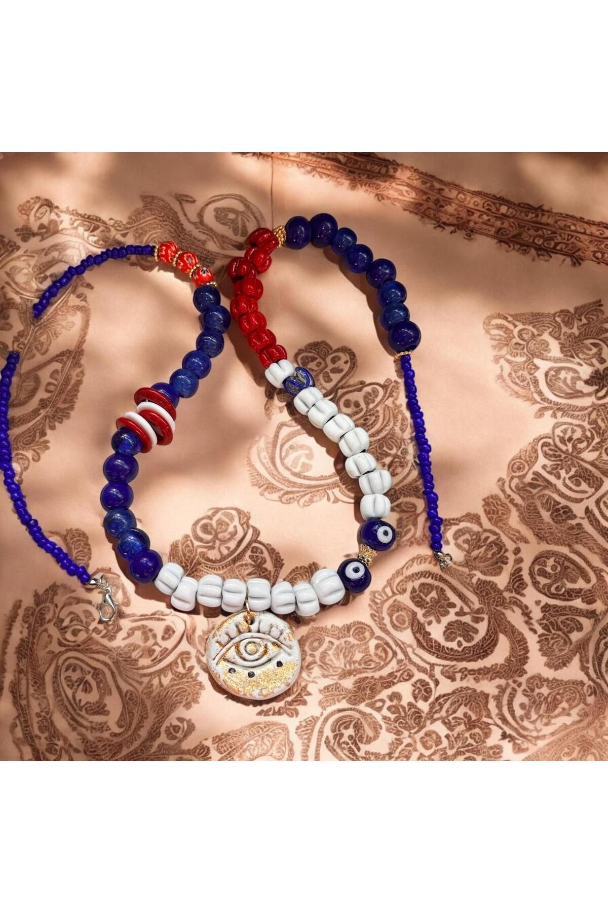 bizizmoda Bodrum Cam Boncuk El Yapımı Seramik Gold Göz Kolye Nazar Boncuk Mavi Kolye