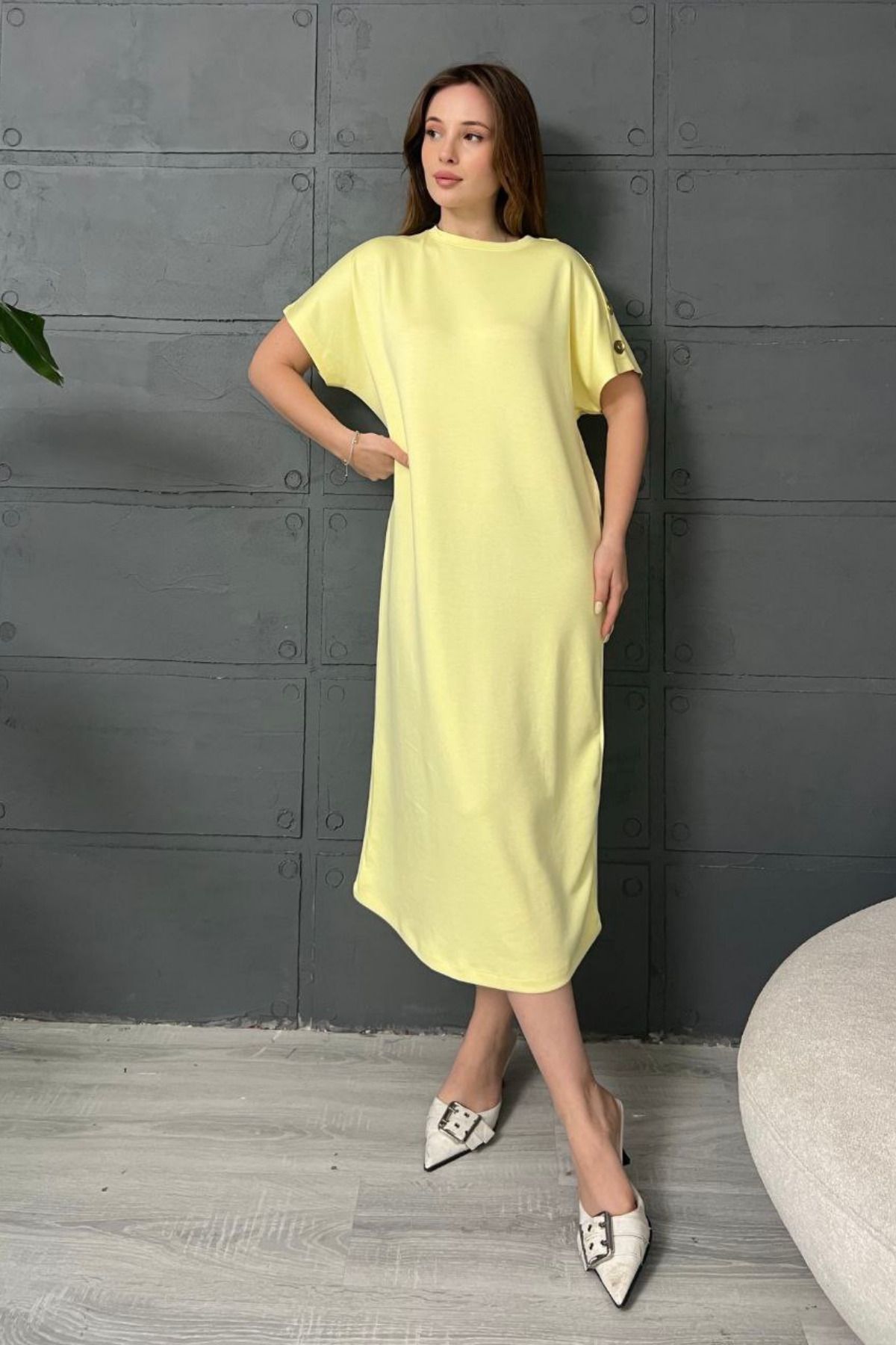 Sorridi Kolları Düğme Detaylı Salaş Maxi Elbise