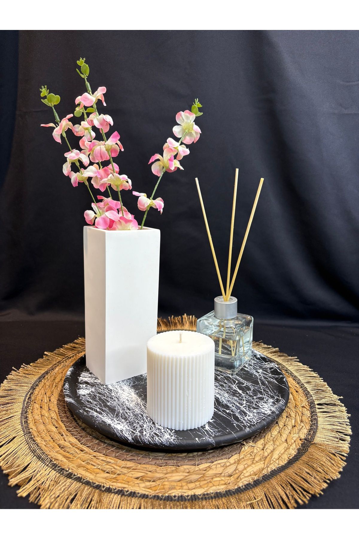 Home Mermer Desenli Tabak Mum ve Vazo Seti