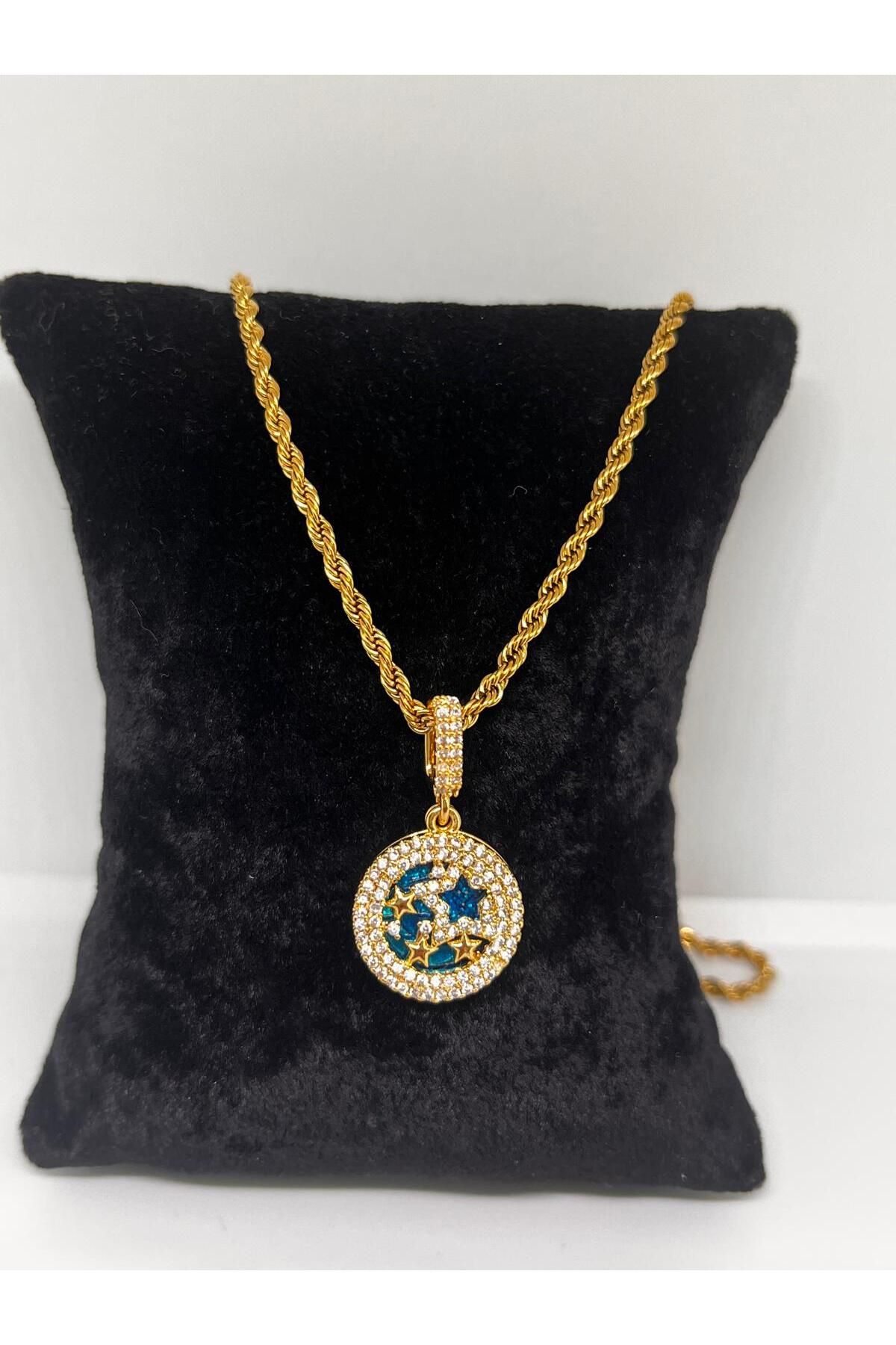 ZD JEWELRY Çelik 316 L Kararmaz 14k Burgu Zincir Zirkon Taş Gökyüzü Yıldız Temalı Kadın Çelik Kolye