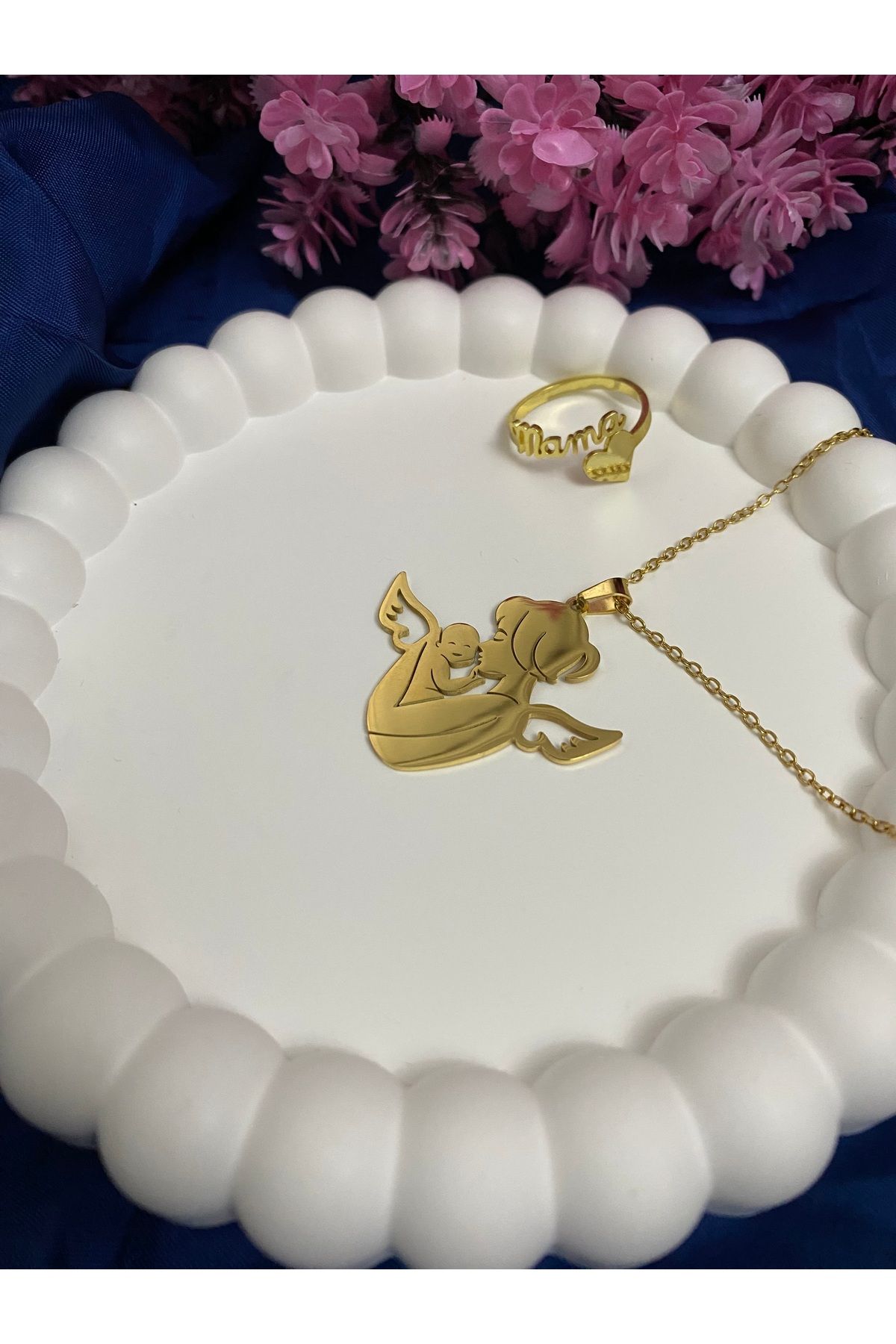 asem jewelry ÇELİK MELEK KANATLI ANNE ÇOCUK KOLYE YÜZÜK KOMBİNİ