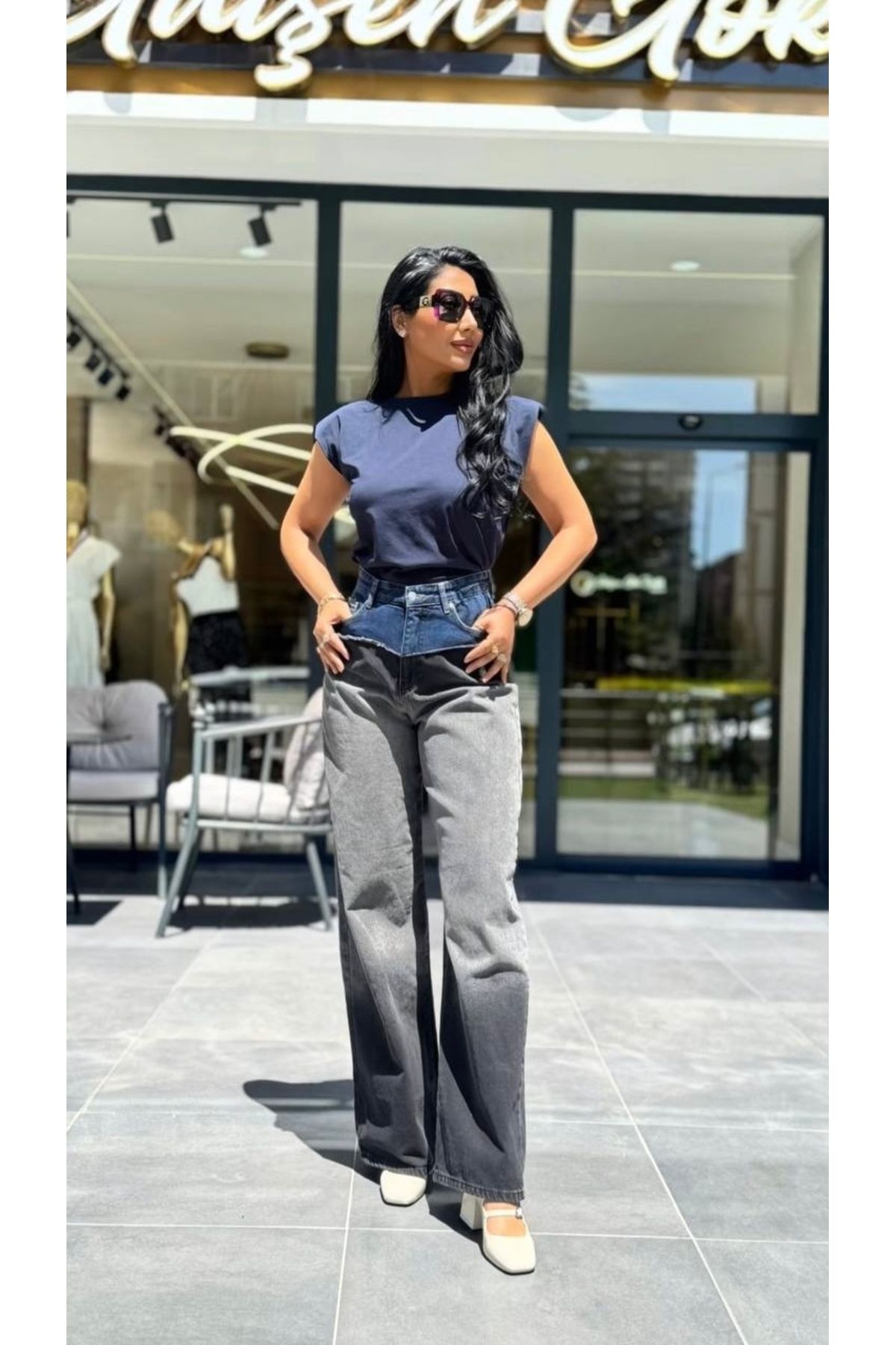 Gülşen Gök Butik Bol Kesim Bel Detay Kot Pantolon