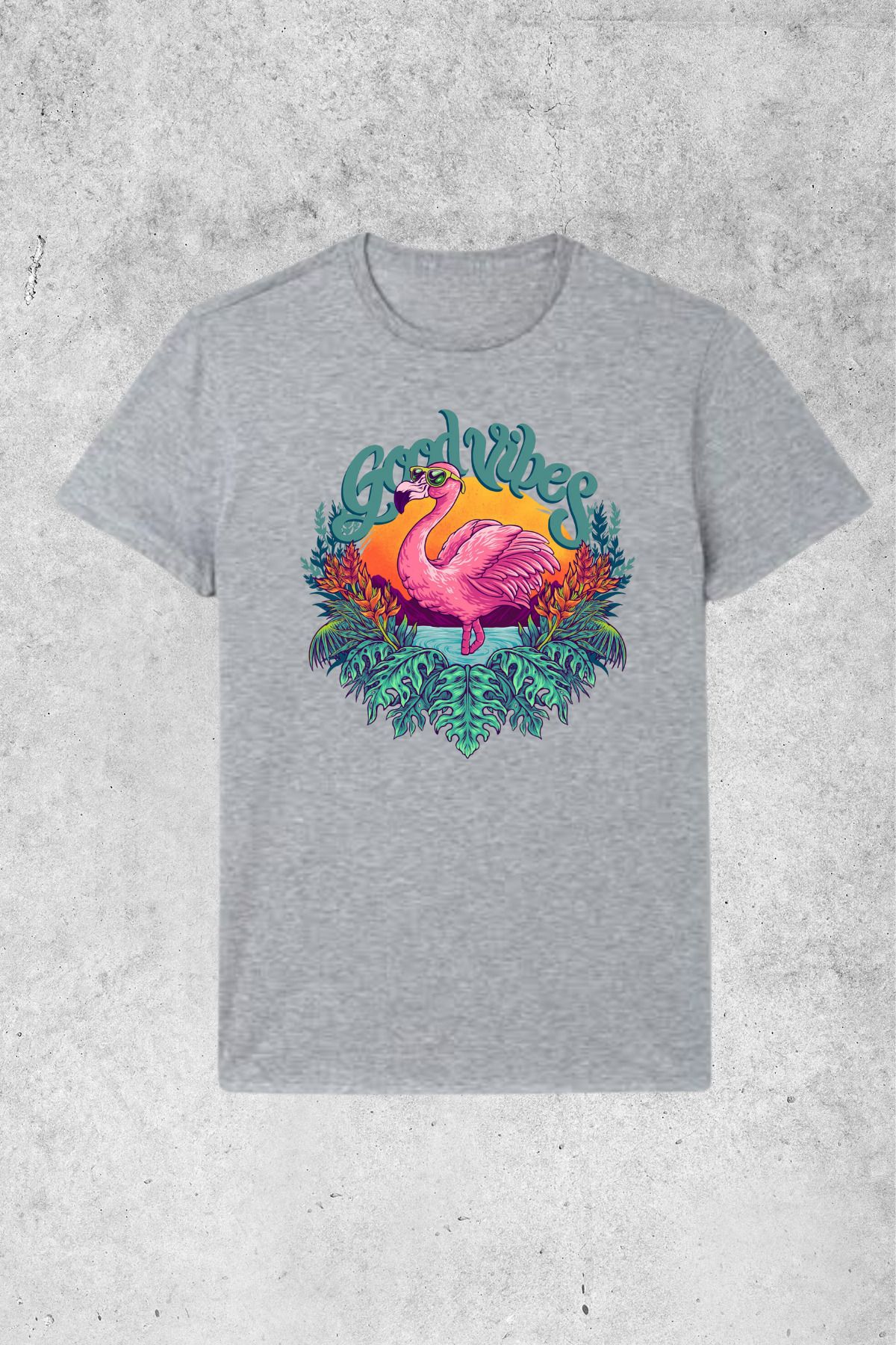 MOLICO basic unisex sıfır yaka kısa kollu FLAMİNGO BASKILI Tshirt