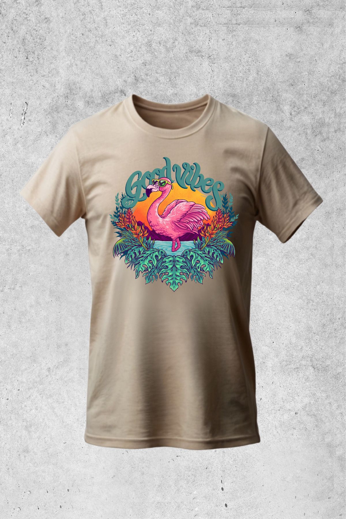 MOLICO basic unisex sıfır yaka kısa kollu FLAMİNGO BASKILI Tshirt